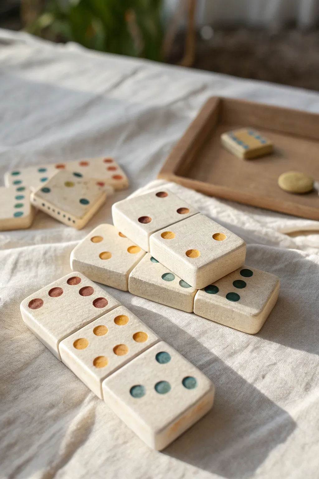 Handmade clay domino tiles with soft boho color dots, minimal styling and cozy natural light.