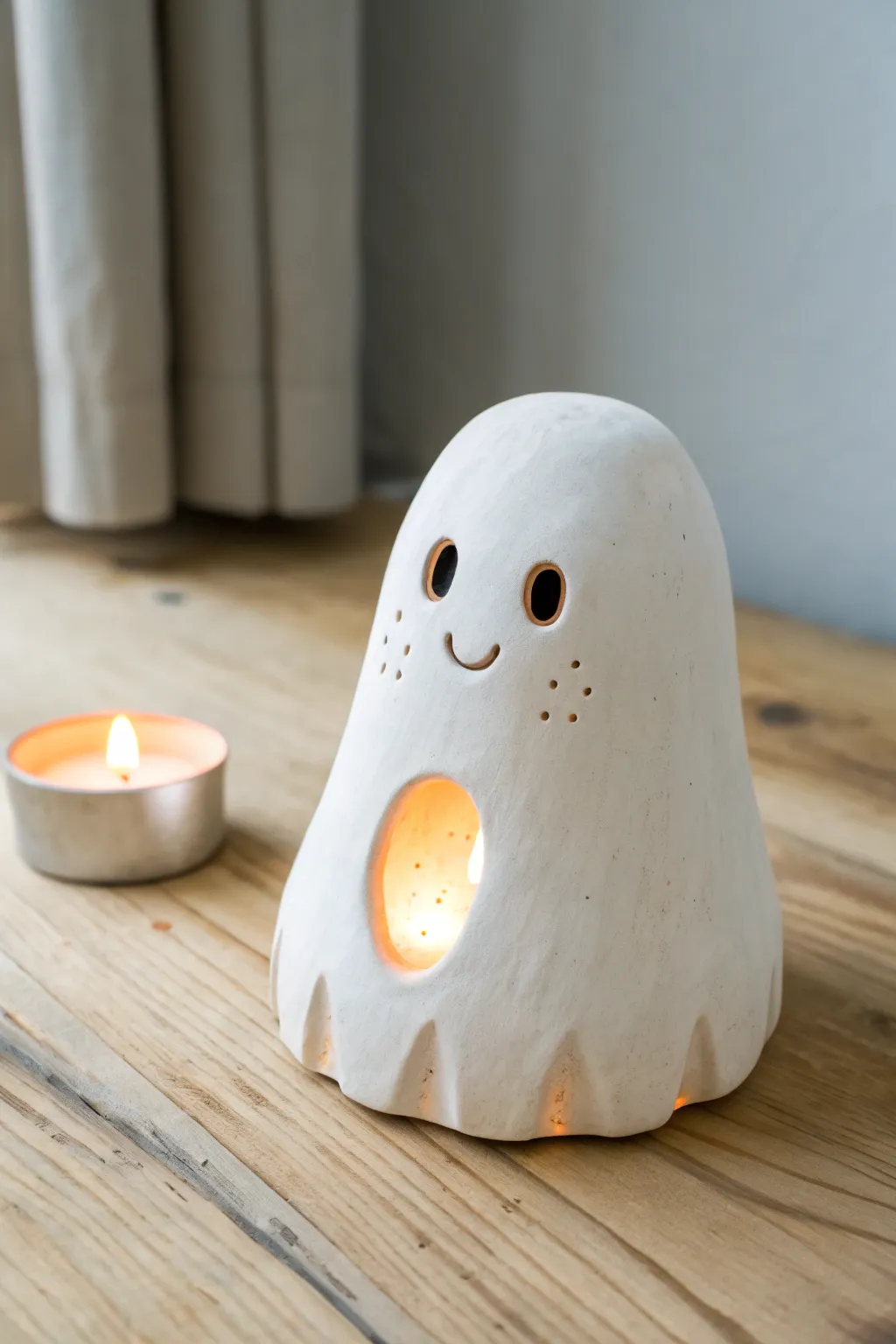 Soft-glow ghost lantern cover: an easy clay Halloween DIY that feels cozy, minimal, and cute.