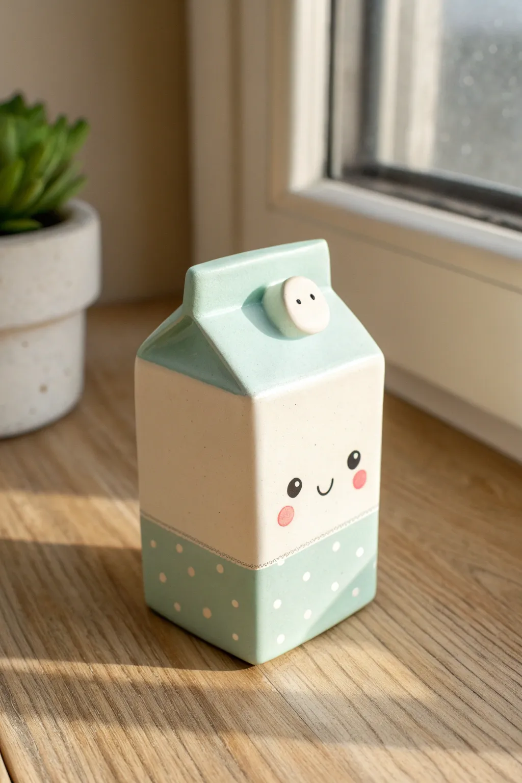 Pastel kawaii tiny milk carton clay buddy with blush cheeks, a minimalist desk companion.