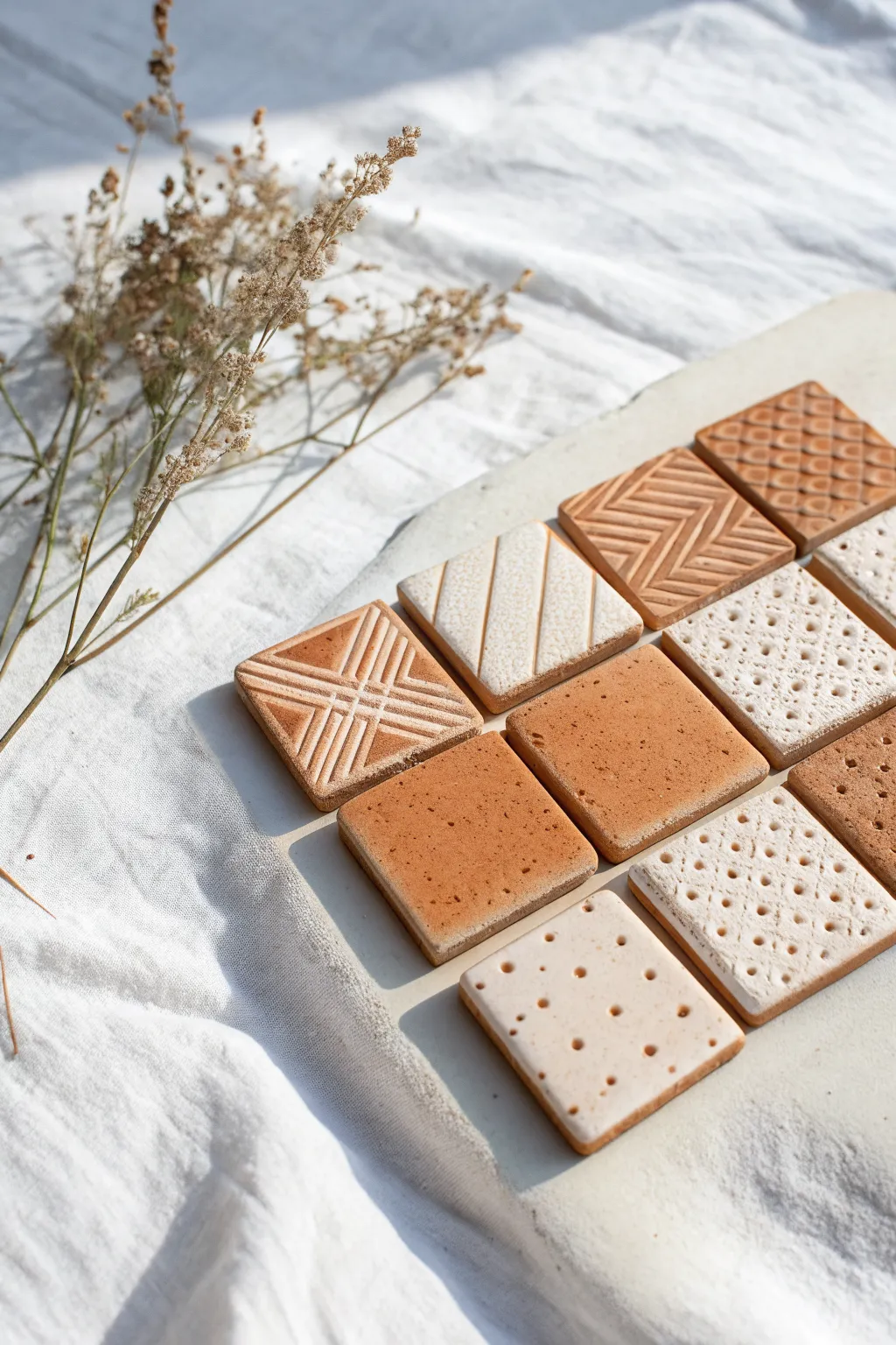 Minimal stamp-texture trinket tiles in soft clay tones, simple patterns and clean contrast.