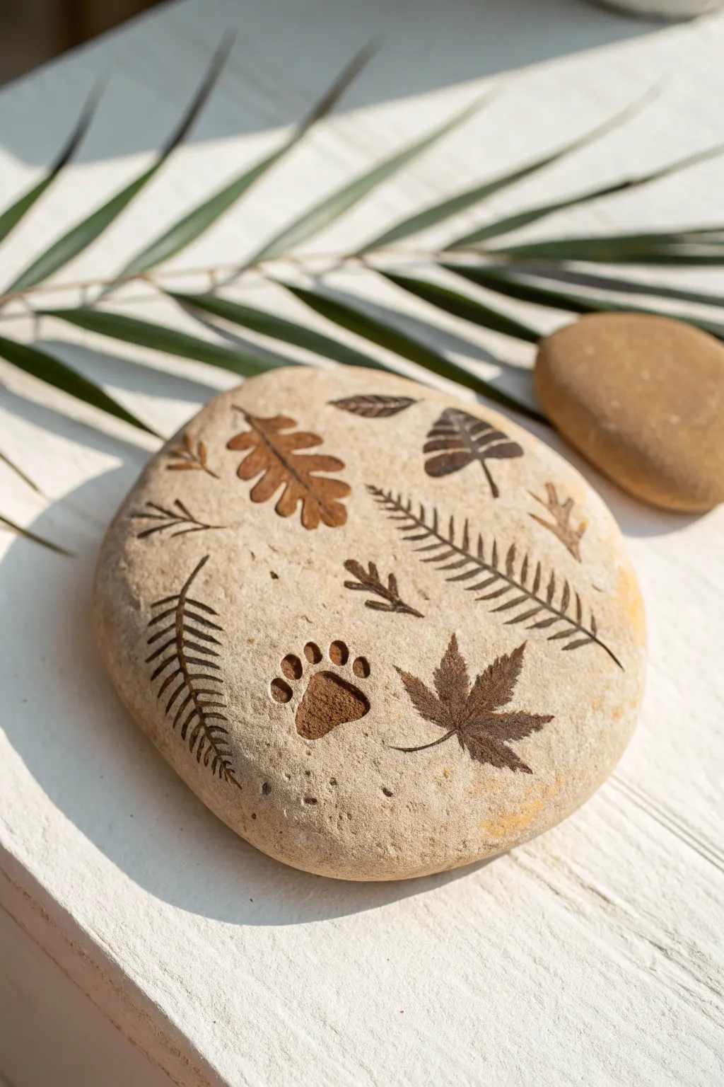 Easy dinosaur fossil clay rock with footprints and leaf imprints in calm earthy tones.