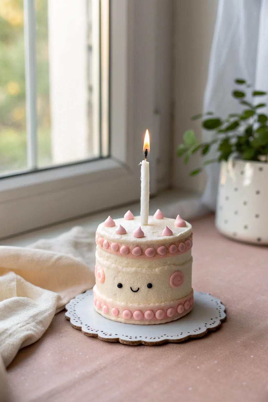 Adorable tiny clay birthday cake with candle and sweet face, perfect for cute Pinterest decor ideas