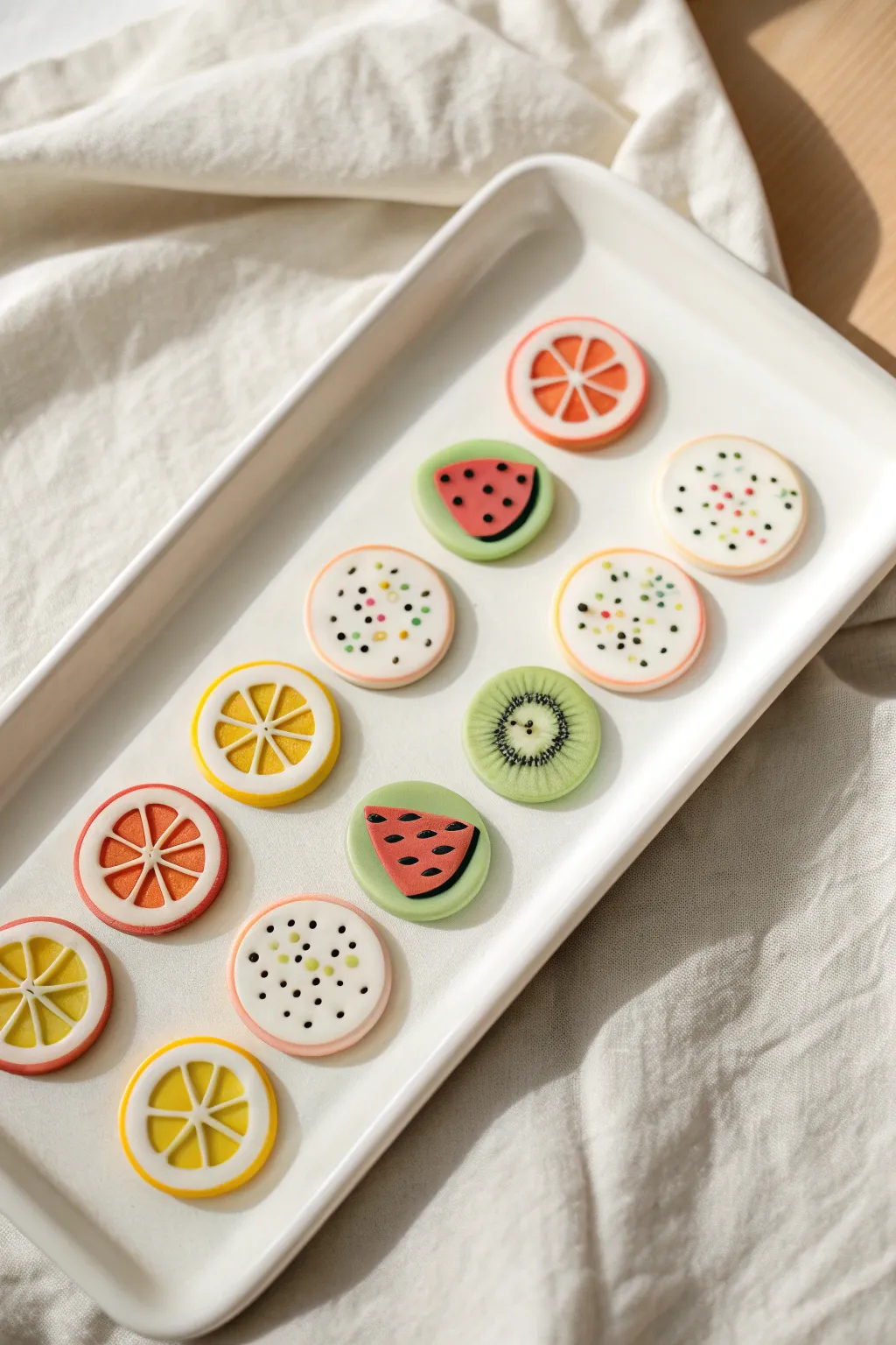 Sweet polymer clay cane slices in fruit and sprinkle patterns, neatly arranged for easy inspiration.