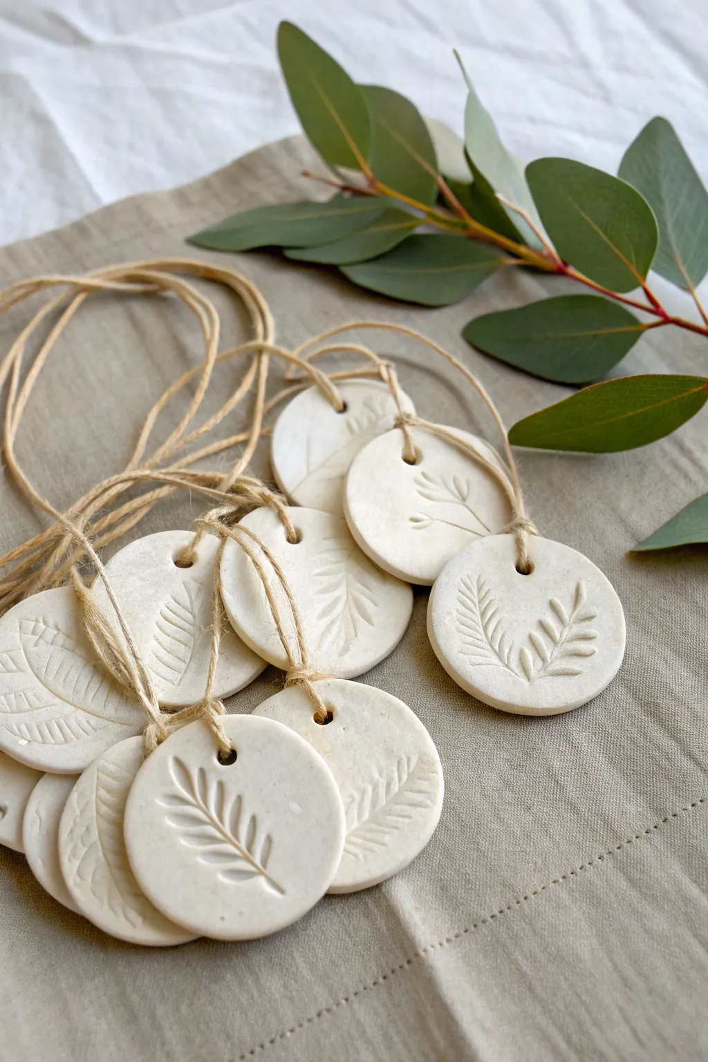 Stamped clay ornaments with linen ties and a hint of greenery, simple, cozy, and handmade