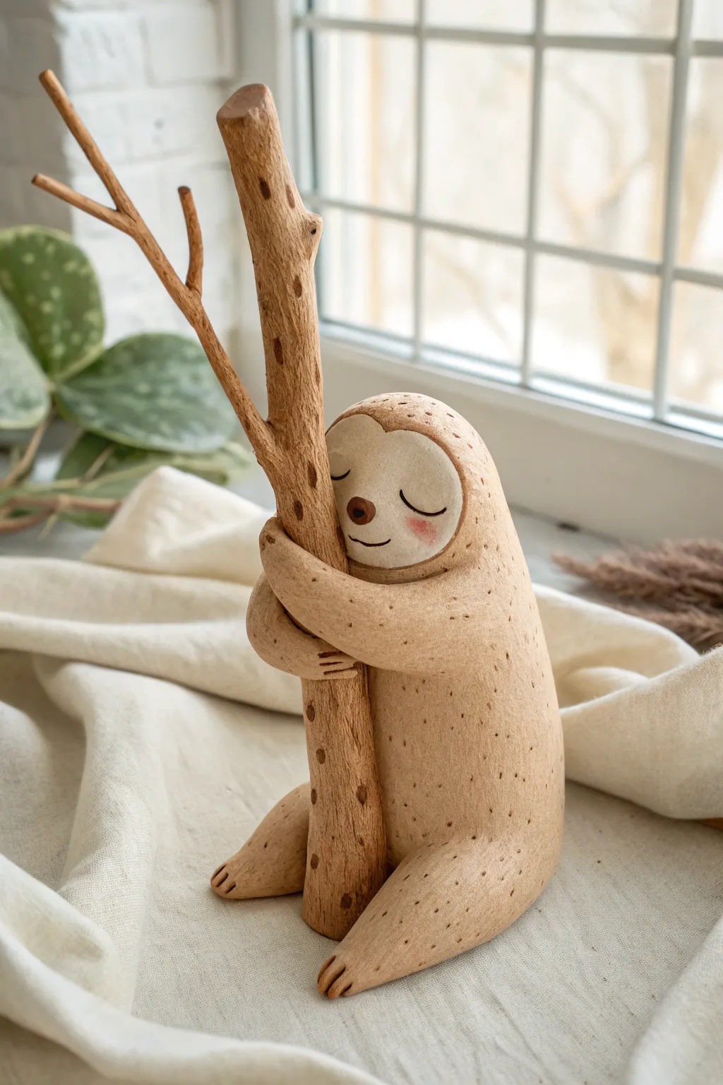 Sleepy clay sloth hugging a branch, minimalist and beginner-friendly decor for cozy shelves.