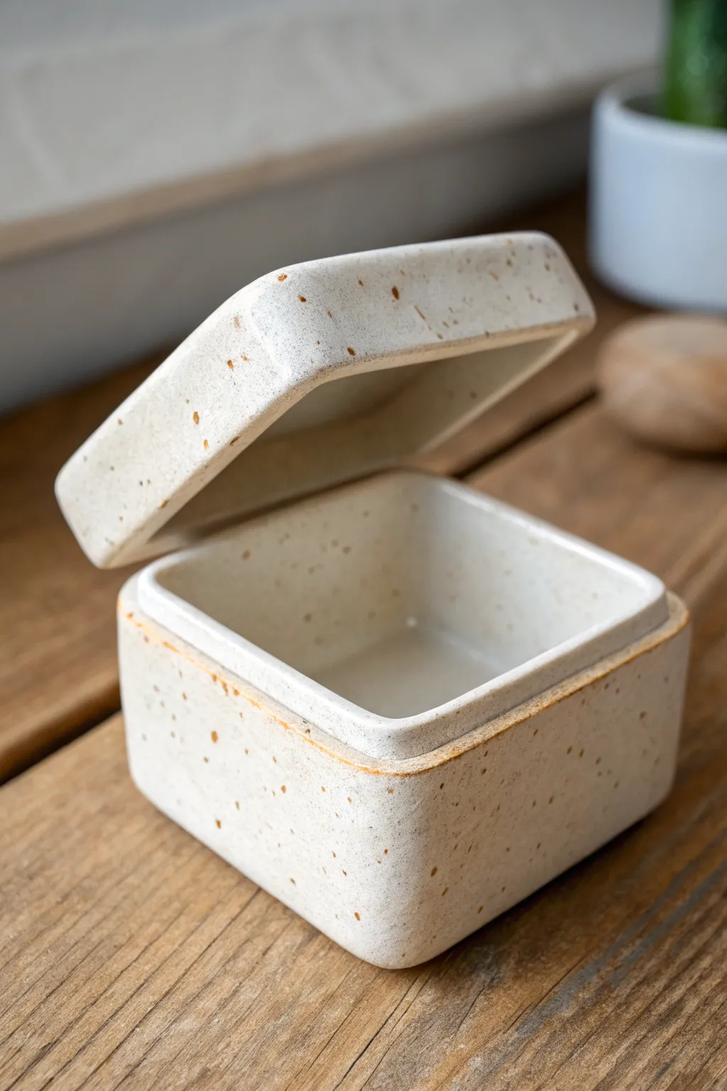 Minimal slab clay box with lift-off lid, slightly open to show a clean, simple interior