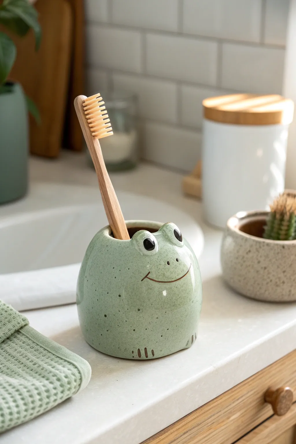 A tiny clay critter toothbrush holder adds sweet minimalist charm to your bathroom counter.