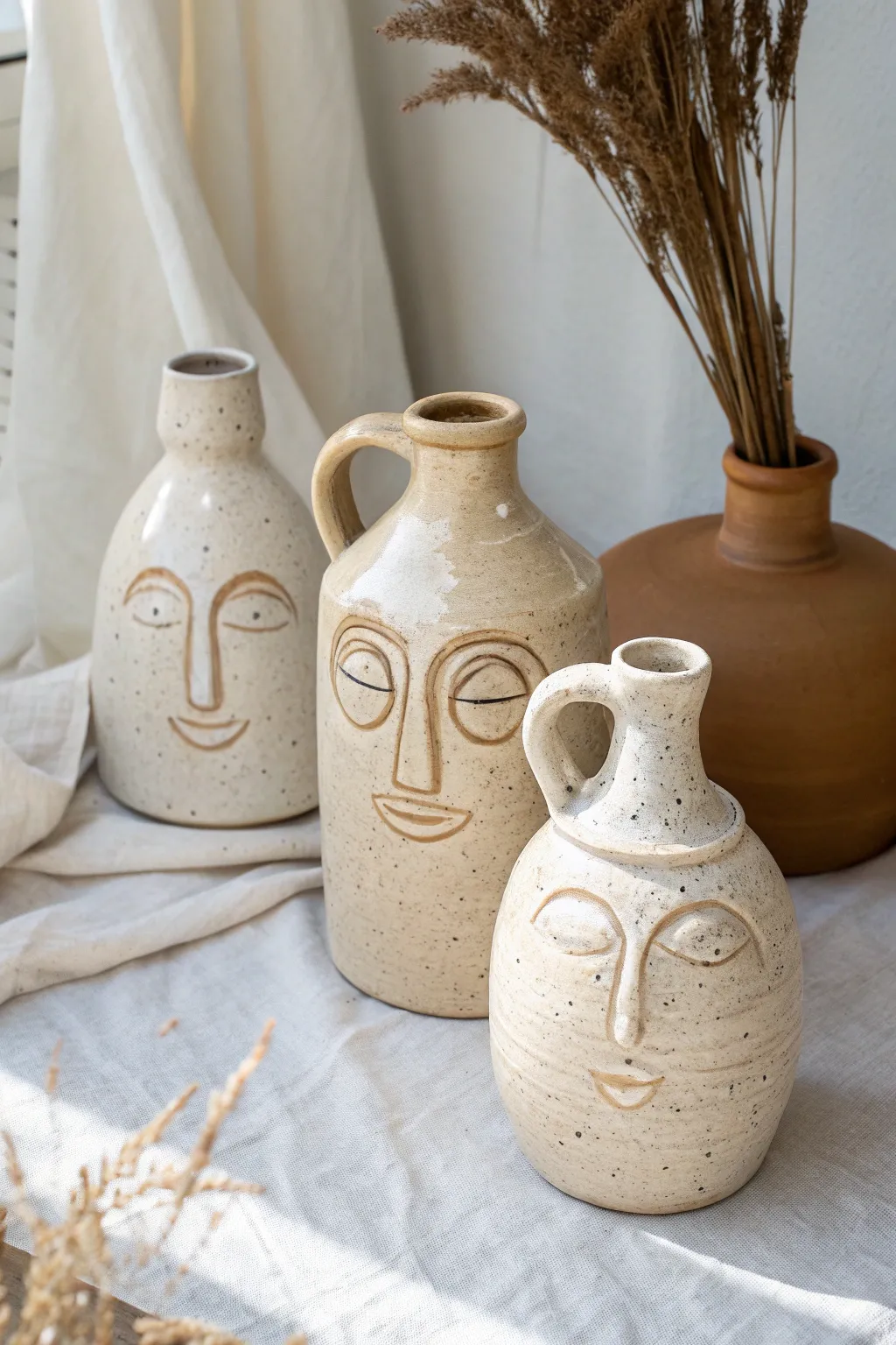 Expression Series face jugs: three simple matching forms showing happy, angry, and anxious moods