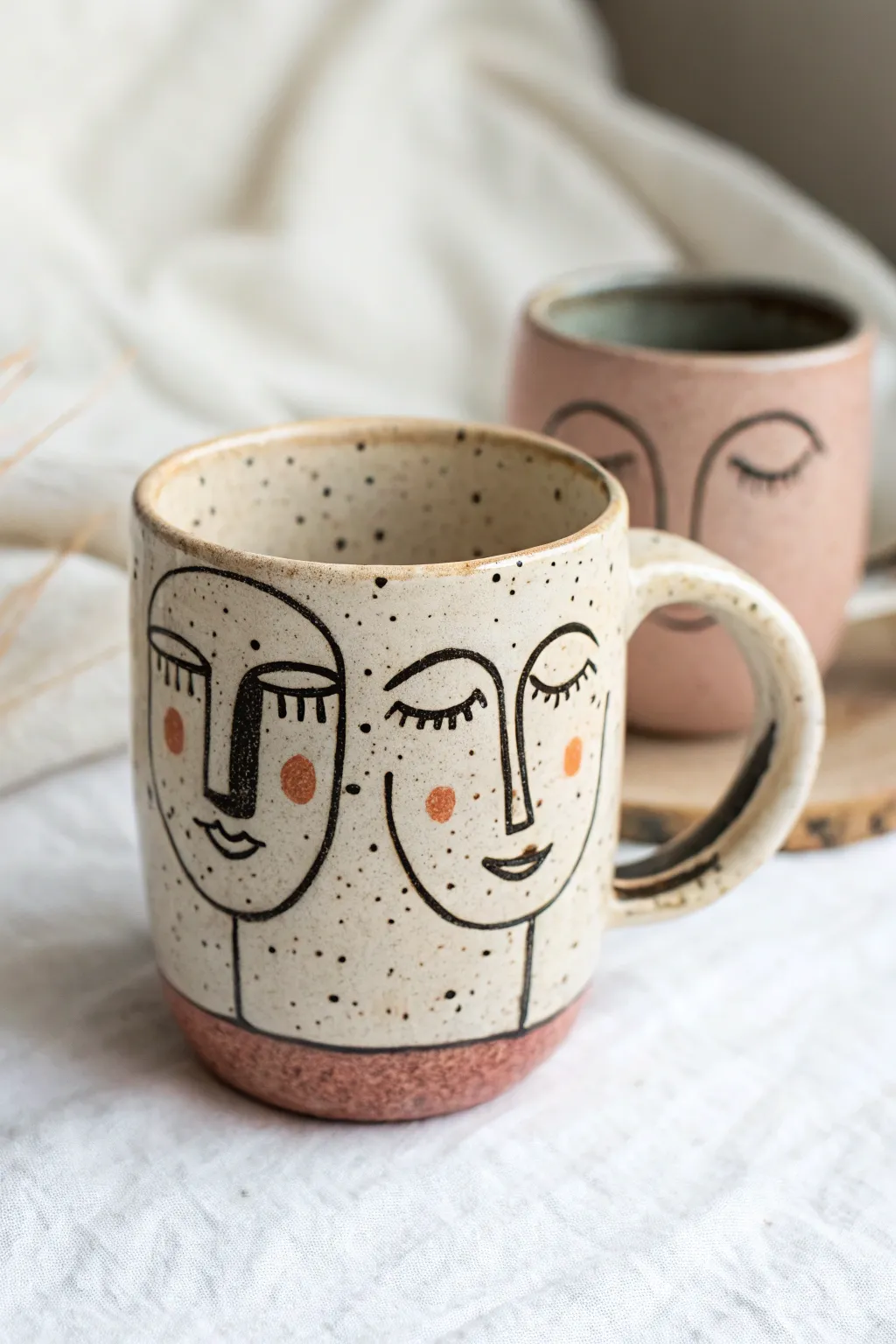 One mug, two moods: calm smile on one side and a cheeky wink on the other, in soft neutrals.