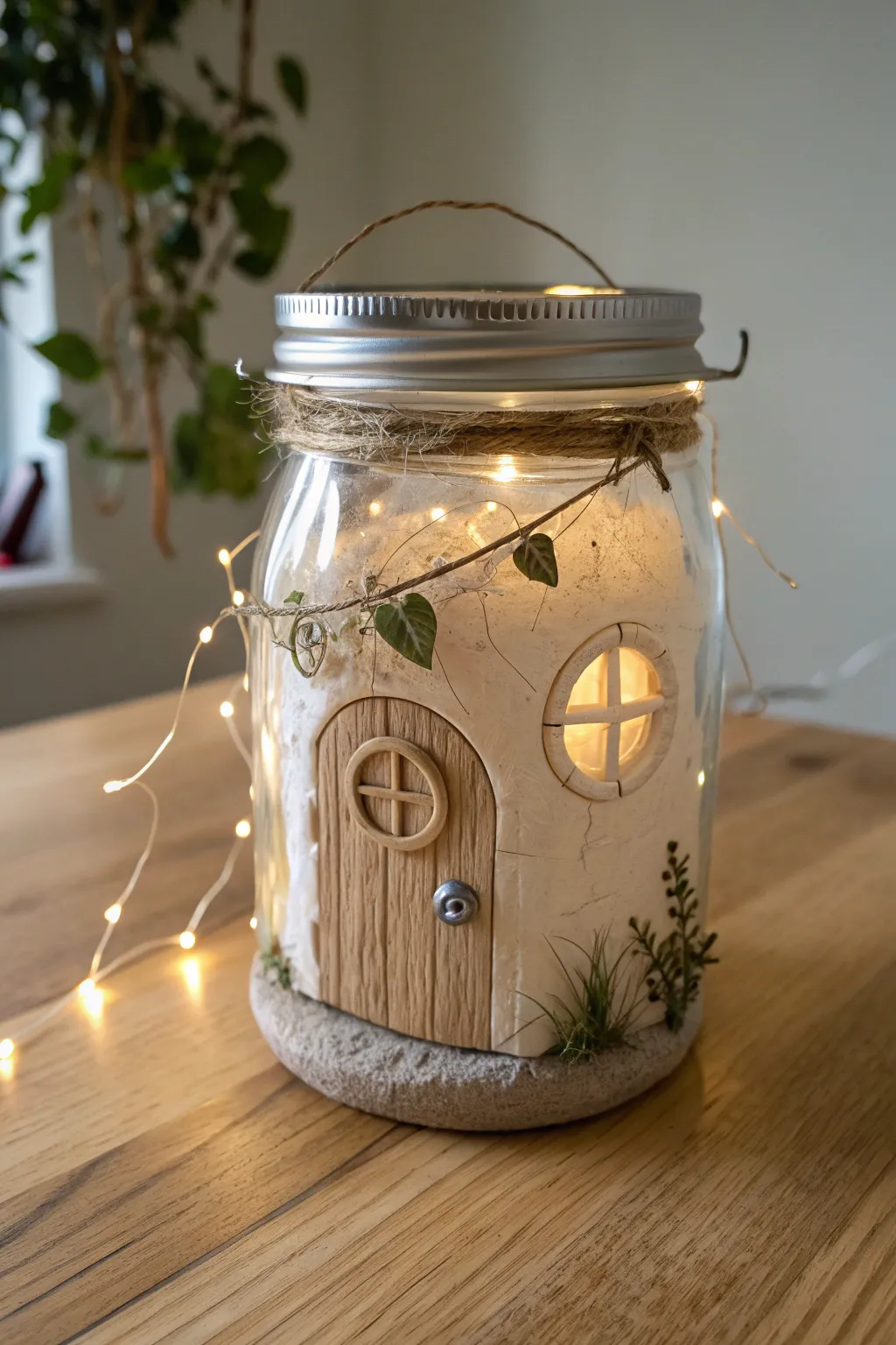 Cozy mason jar fairy house facade with clay door and vines, softly glowing like a lantern
