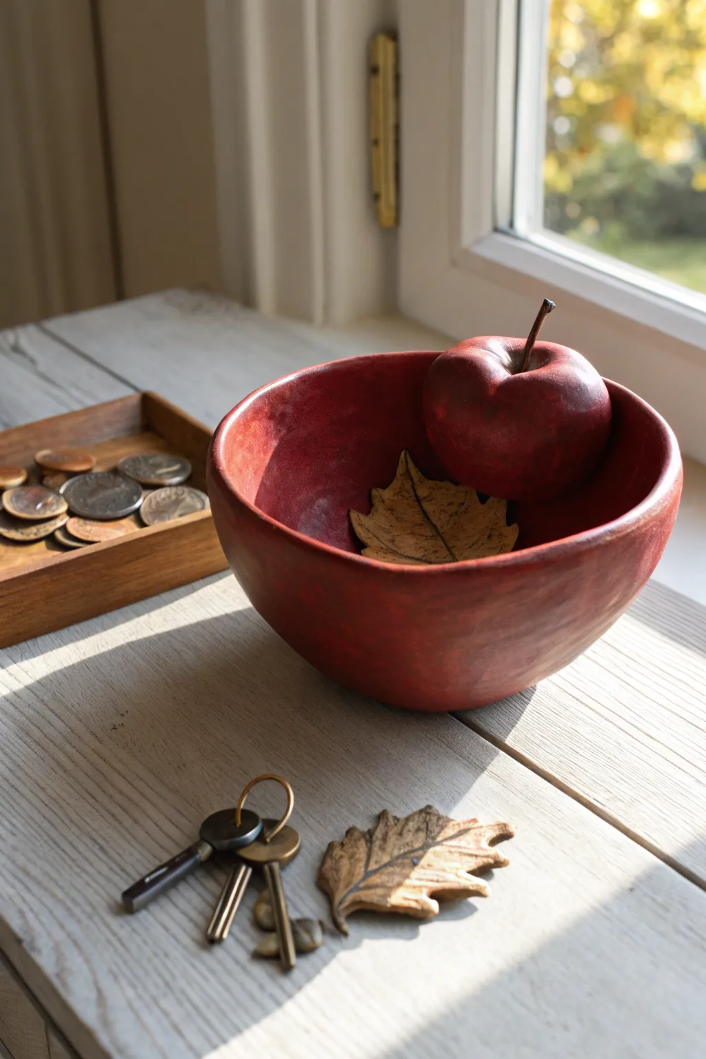 Deep red apple catch-all bowl brings cozy fall vibes, keeping keys and coins tidy by the door.
