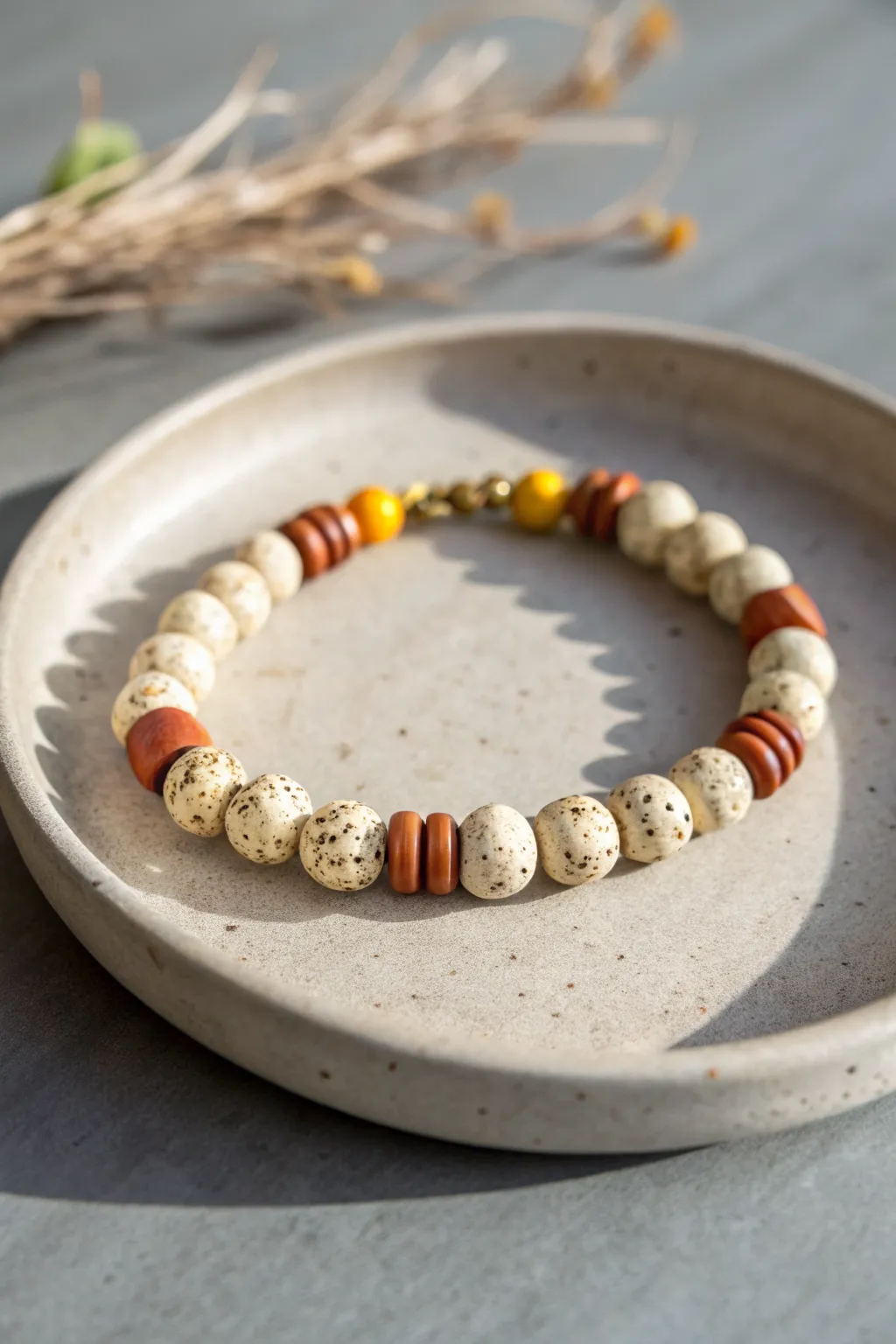 Rustic speckled heishi beads in cream, rust, and mustard for a cozy fall clay bracelet vibe.