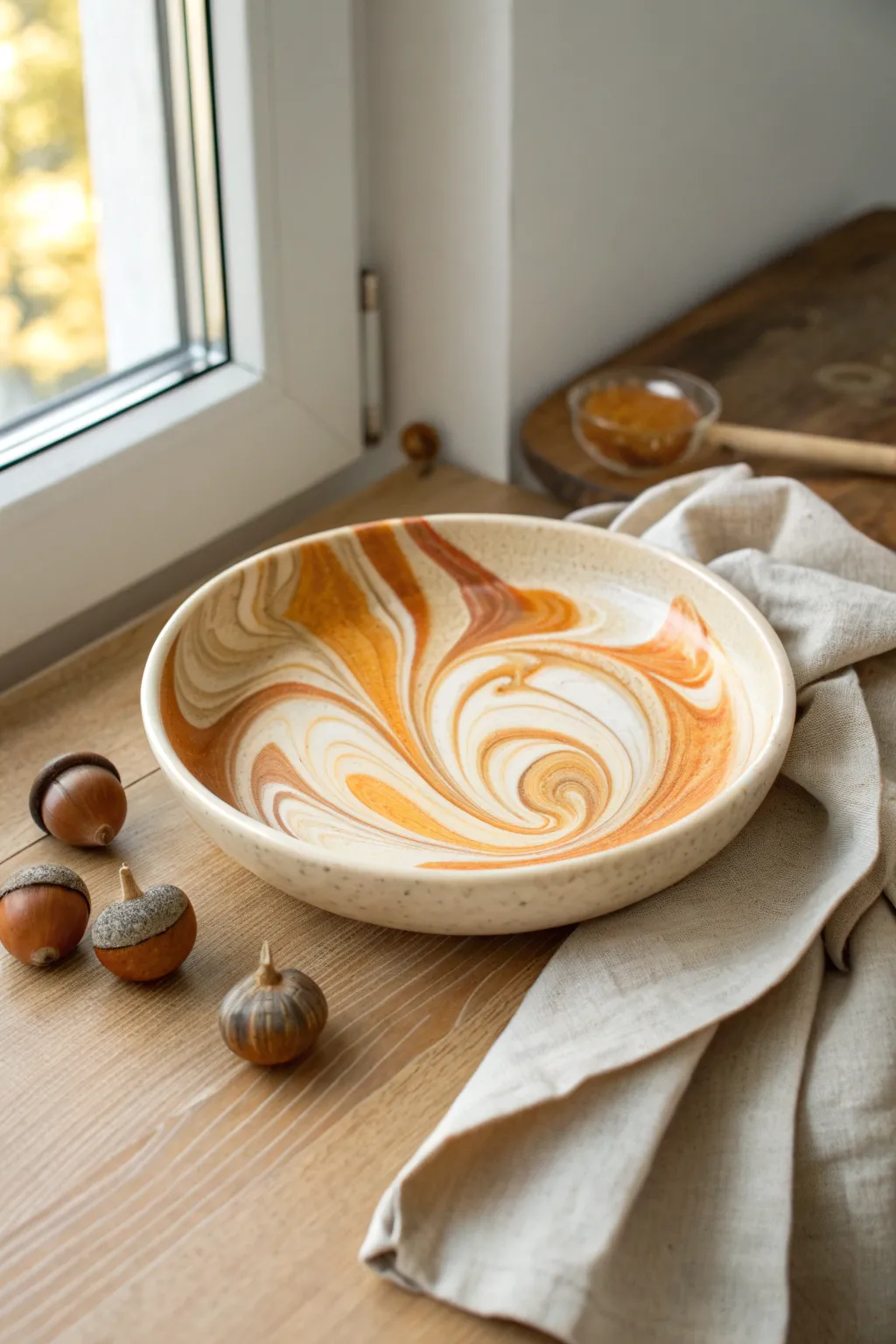 Pumpkin-swirled marbled clay dish in warm fall tones, styled simply with acorns and linen.