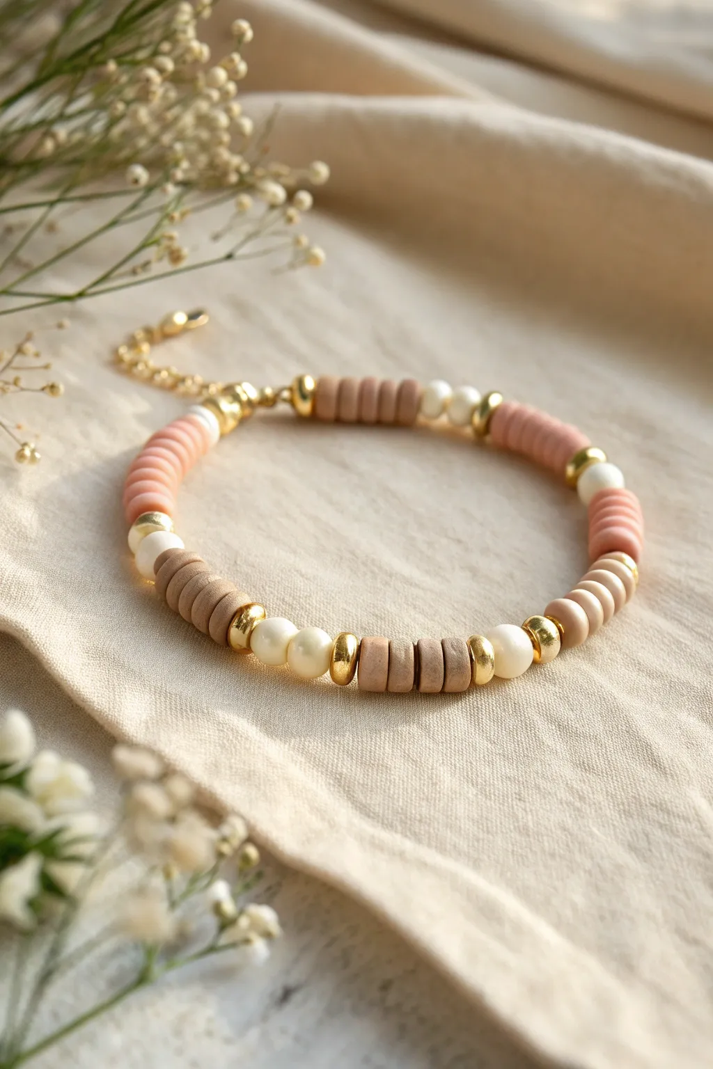 Flat clay bead bracelet with pearl accents and gold spacers for a polished, dressy stack
