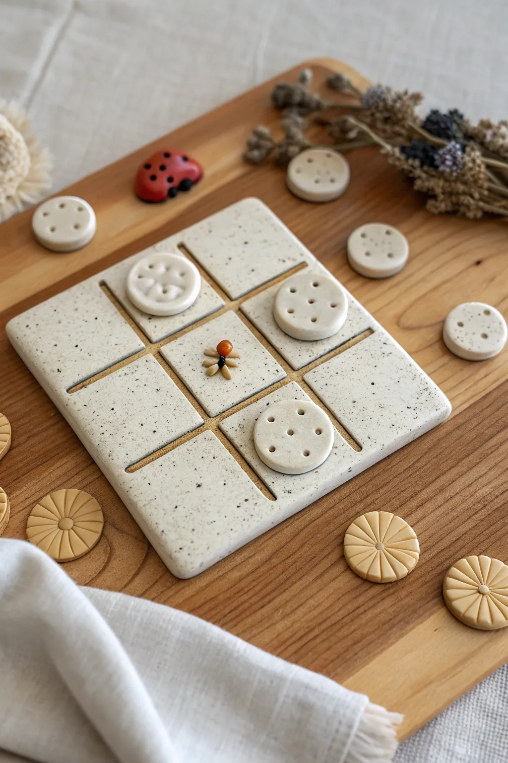 Minimal flat clay tic-tac-toe tiles with boho tokens, styled in a calm Scandinavian flat lay