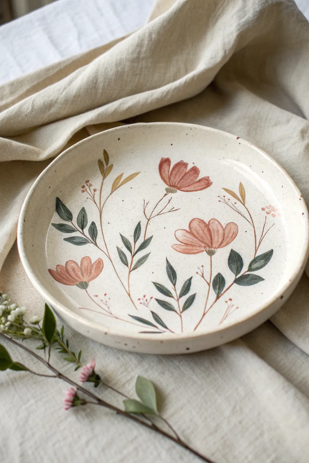 One-stroke floral plate painting with soft gradients, minimalist boho vibes, and handcrafted charm