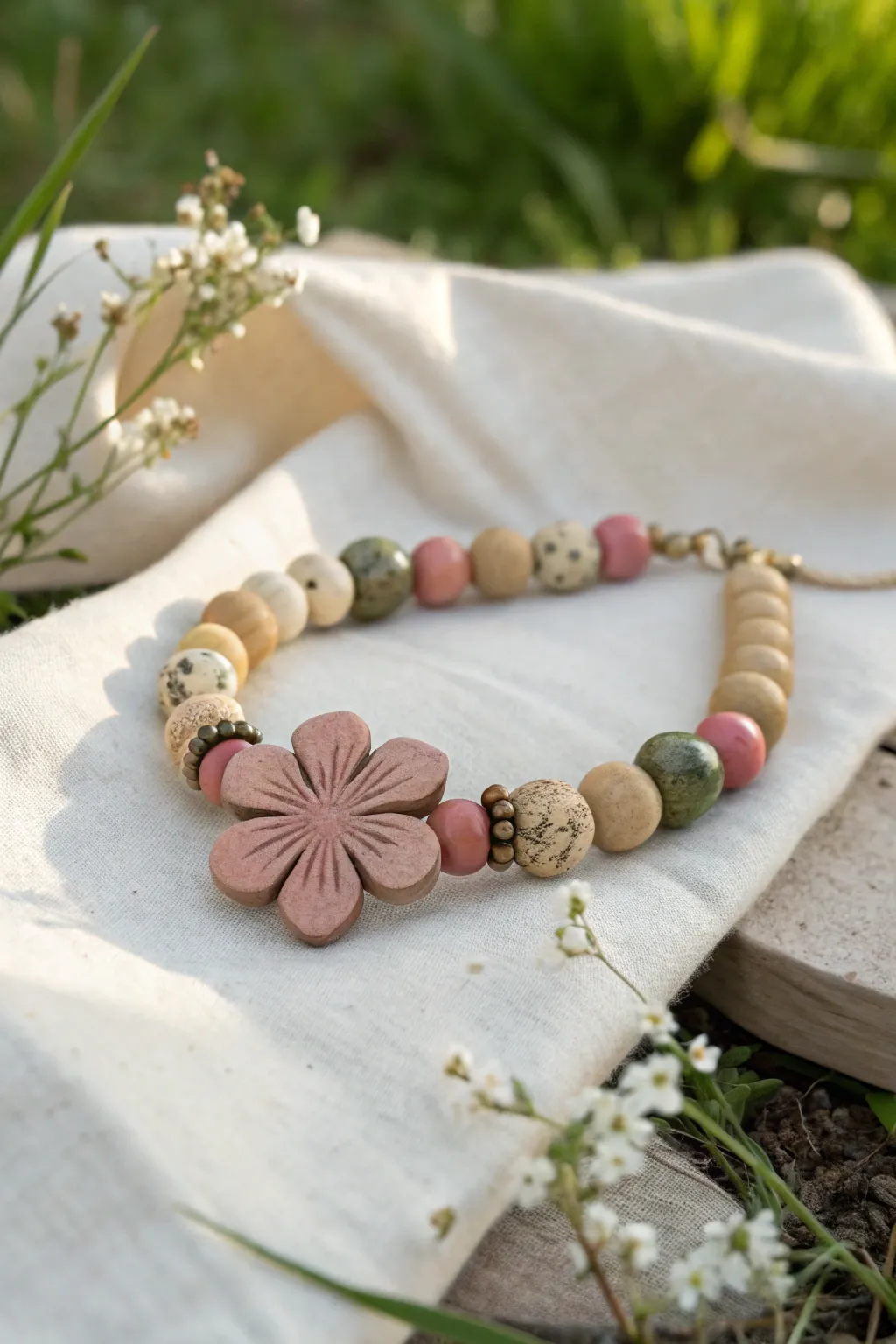 Earthy wildflower neutrals: a dusty-pink flower bead bracelet with tan and olive heishi beads