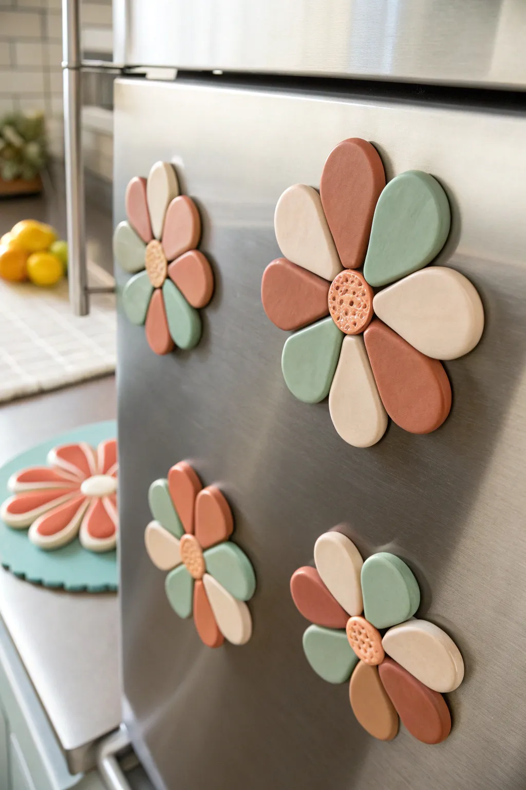 Oversized clay flower magnet with clean color blocks for a playful minimalist statement.