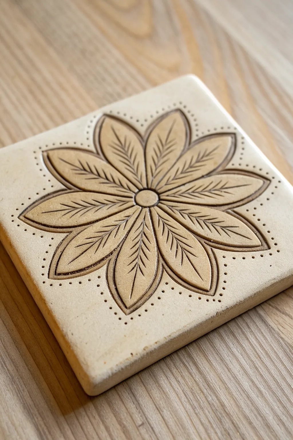 Mishima inlay petals: crisp contrasting lines on a minimalist clay tile, softly lit.