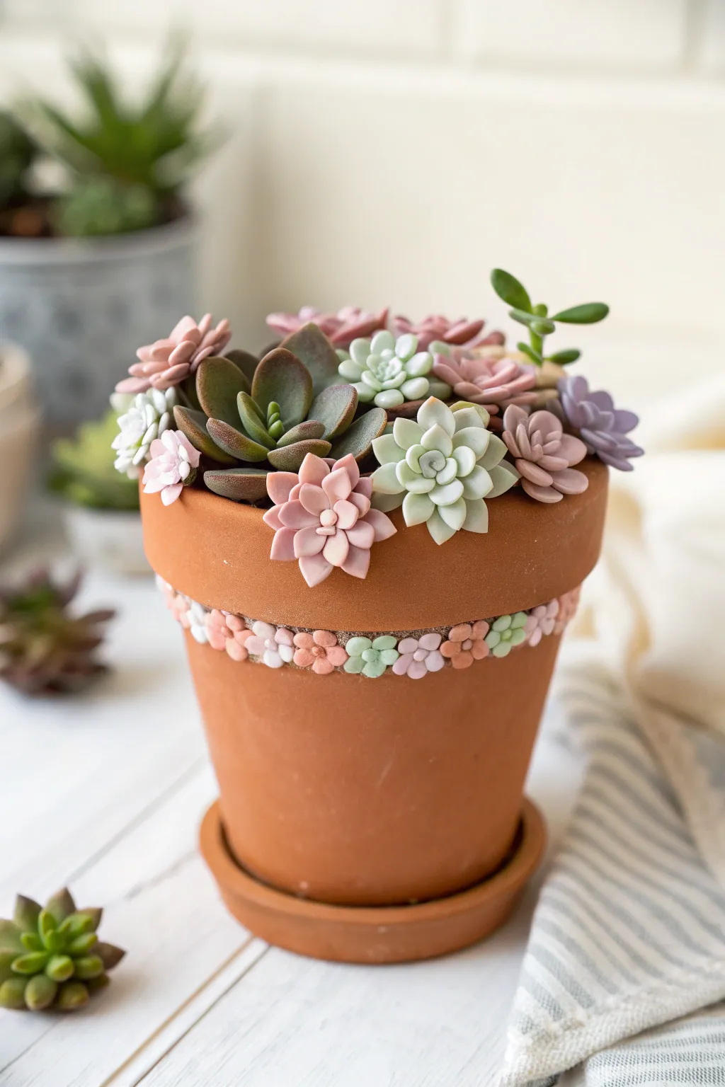 Pastel raised clay flowers around the rim for a simple, feminine pot design with handmade charm