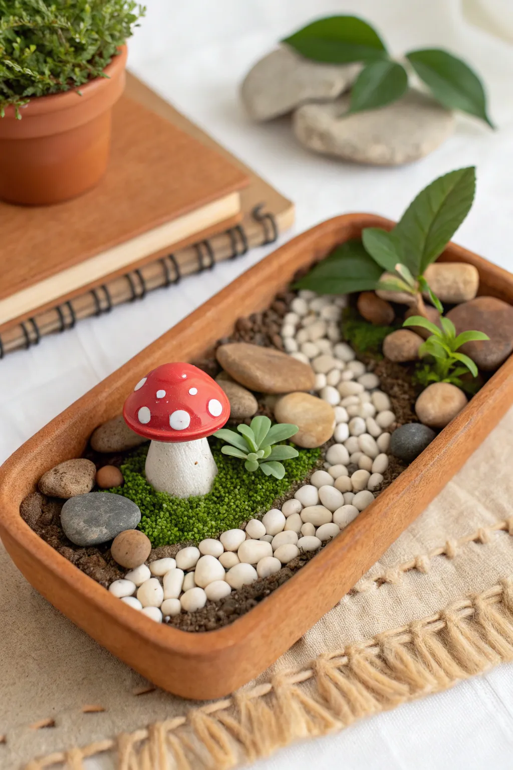 A sweet foam clay fairy garden in a little tray, minimal, cozy, and easy to recreate.