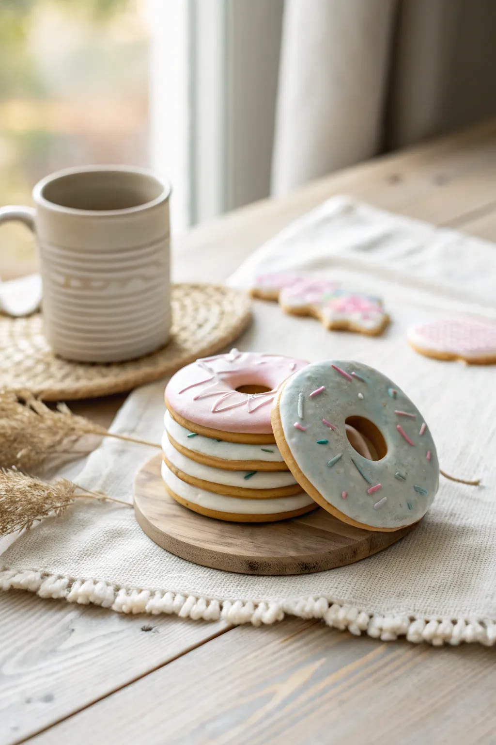 Faux iced donut foam clay coasters with sweet sprinkle texture in soft Scandinavian style