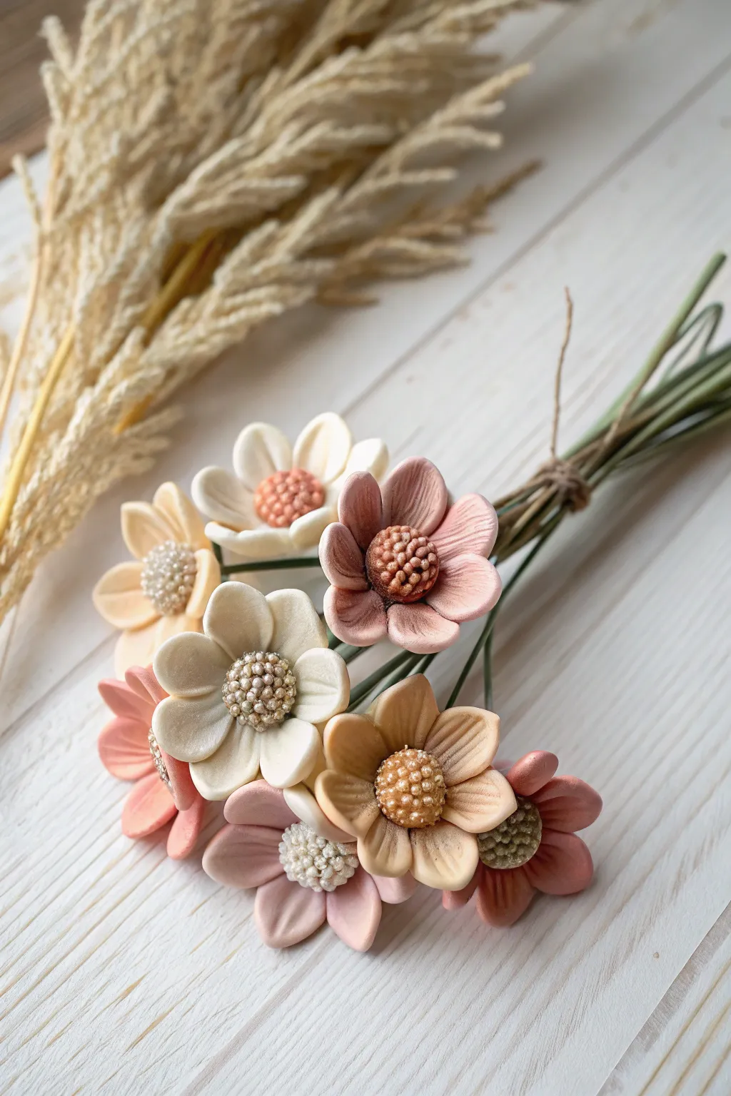 Foam clay flowers with bead-textured centers, styled as a minimalist mini bouquet on light wood.