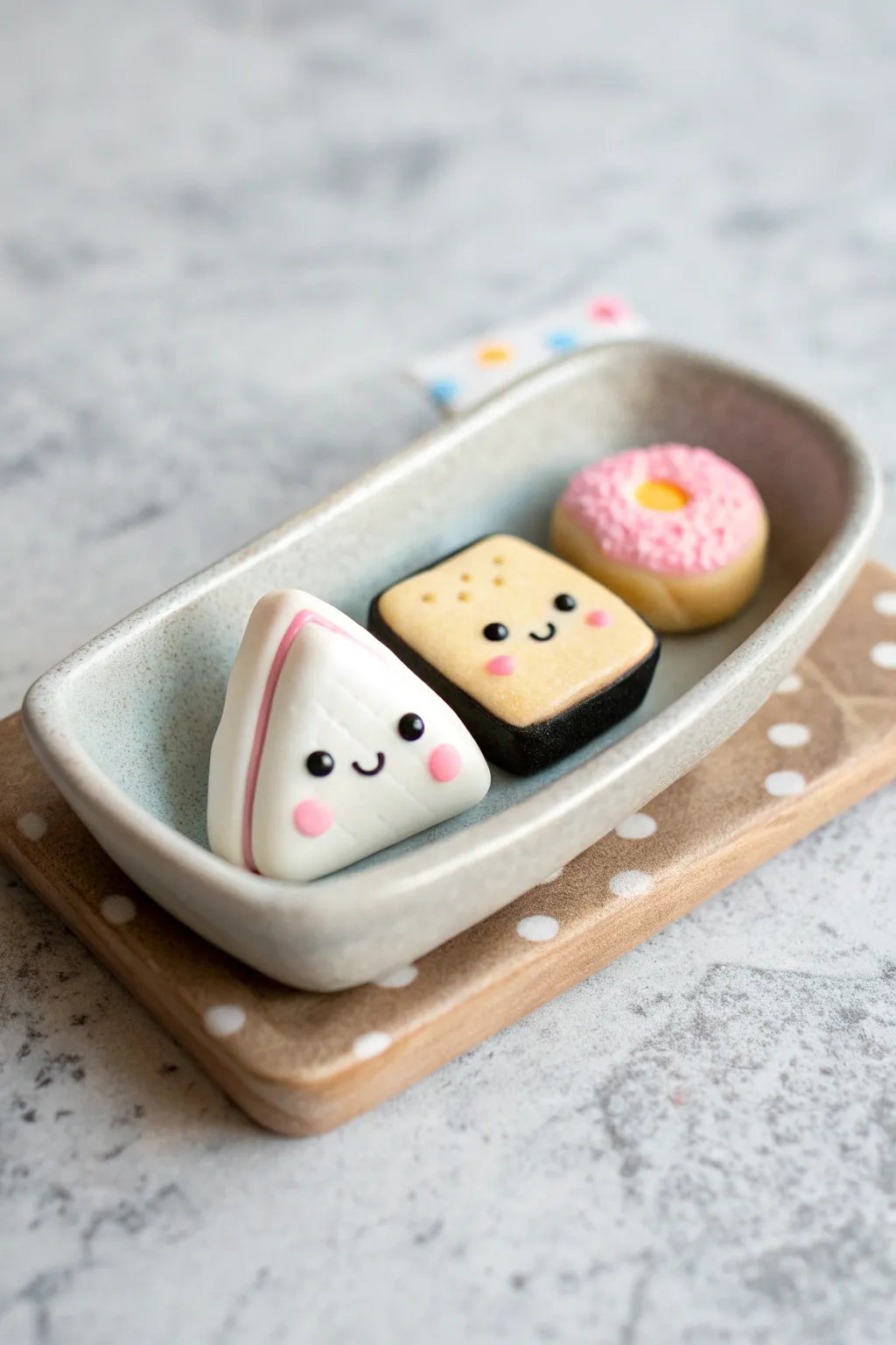 Three kawaii clay food friends on a tiny ceramic dish, bright faces on a clean Nordic backdrop