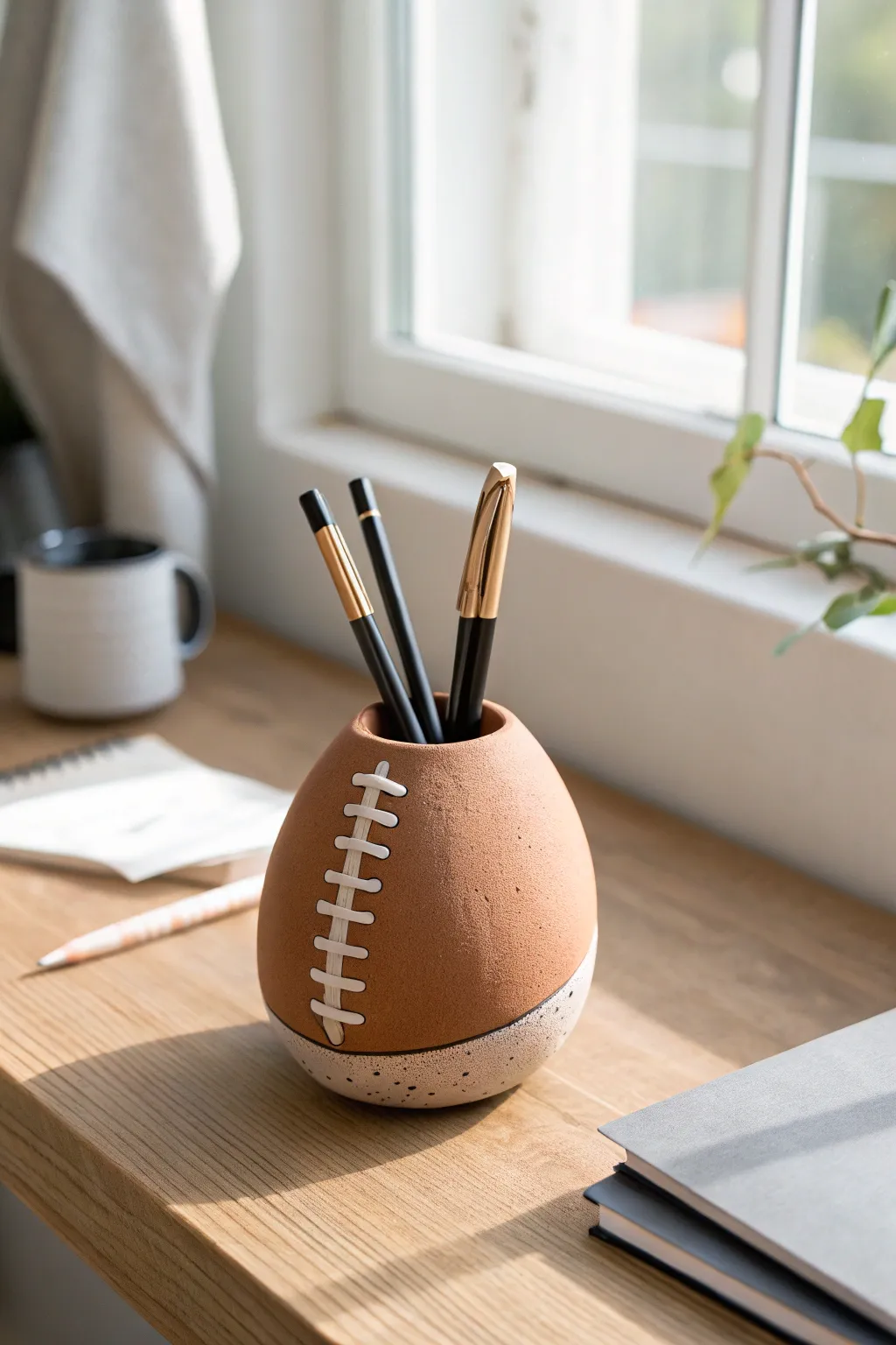 Minimal football clay pen holder with stitched laces, perfect for a tidy Scandinavian desk nook