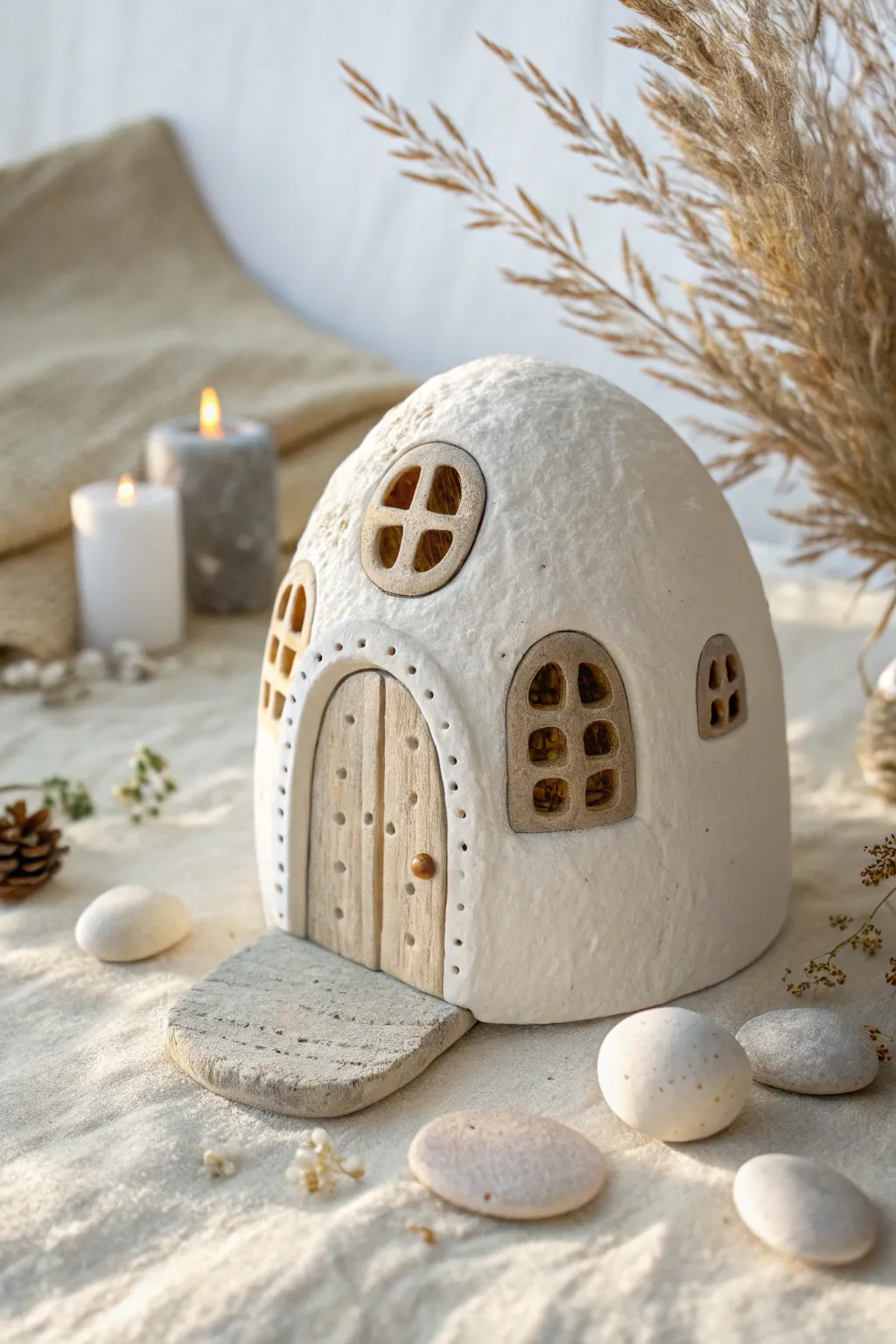 Tiny clay fairy house with simple textures and a round door, perfect for easy kid-friendly crafting.