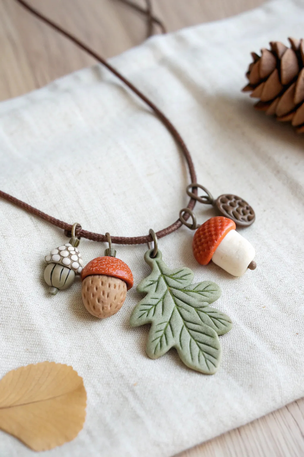 Forest-inspired clay charm necklace with acorn, leaf, mushroom, and pinecone in soft matte tones.