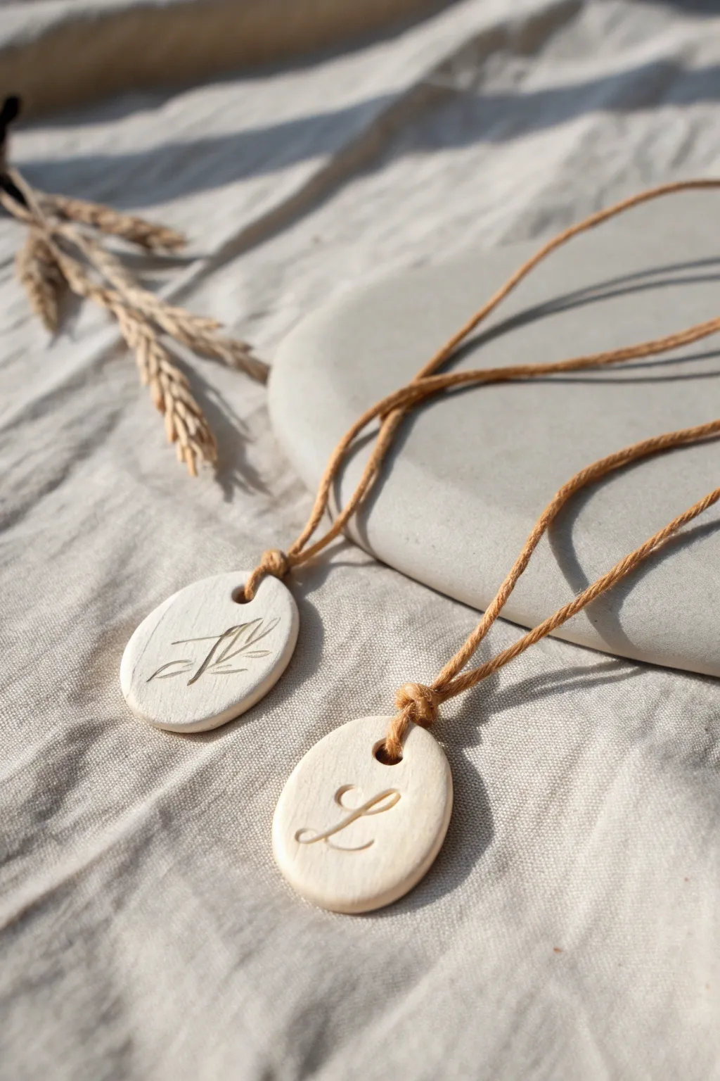 Matching clay friendship pendants with delicate handwritten-style imprints, ready to gift.