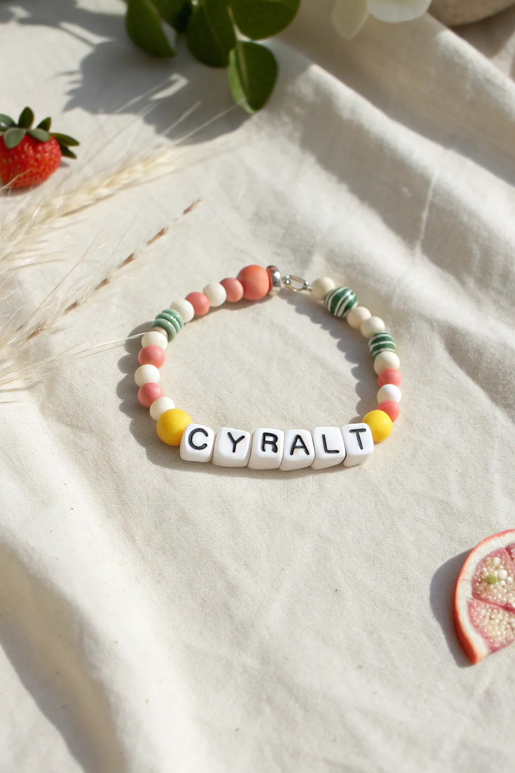 Minimal name bead bracelet with tiny fruit slices and pastel heishi beads, sweet and modern.