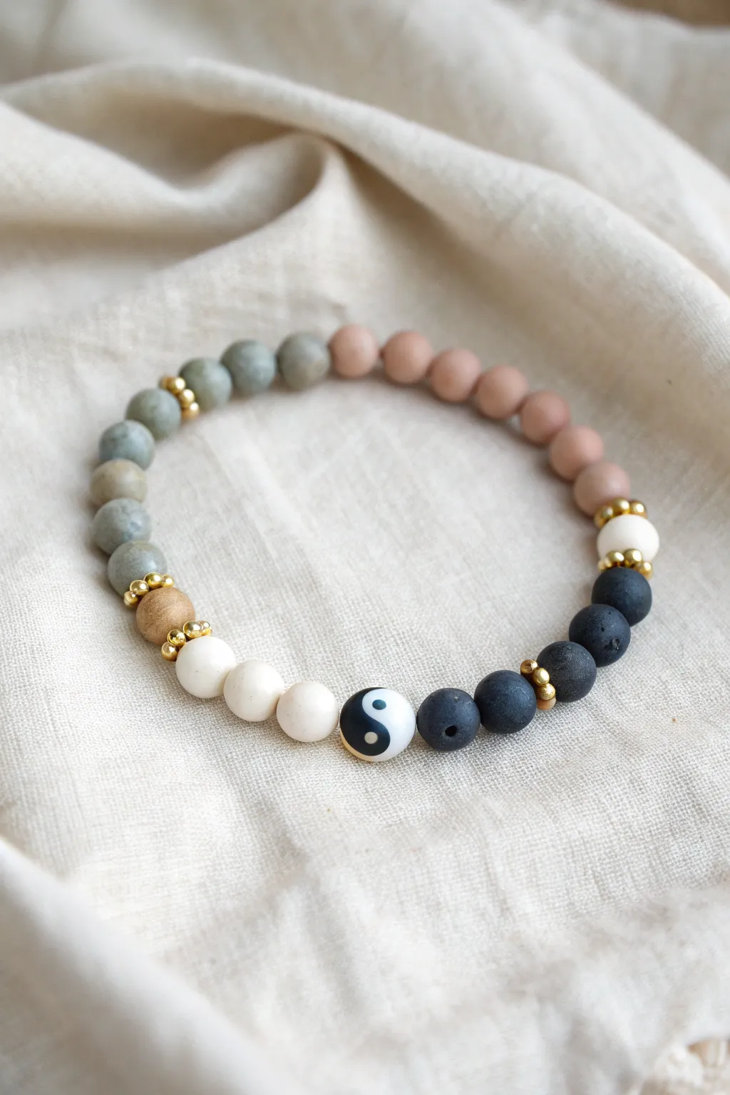 Yin-yang clay bead bracelet with light and dark halves meeting in a bold focal bead