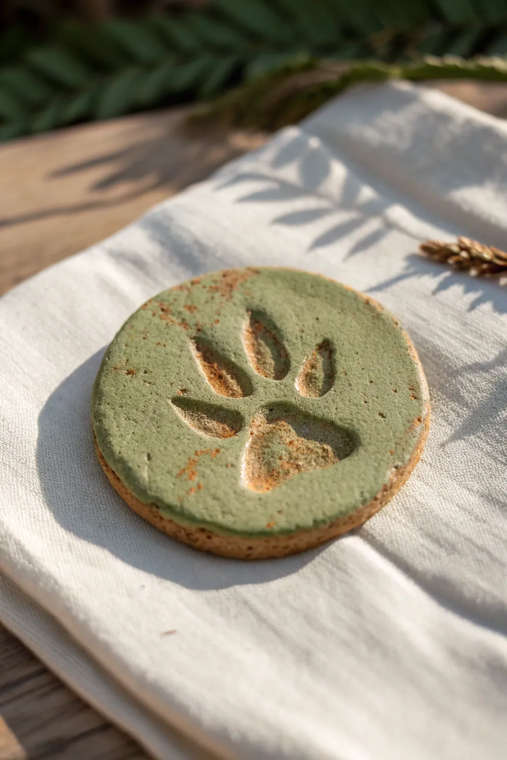 Earthy clay medallion with a dinosaur footprint stamp, a simple fossil keepsake for kids.