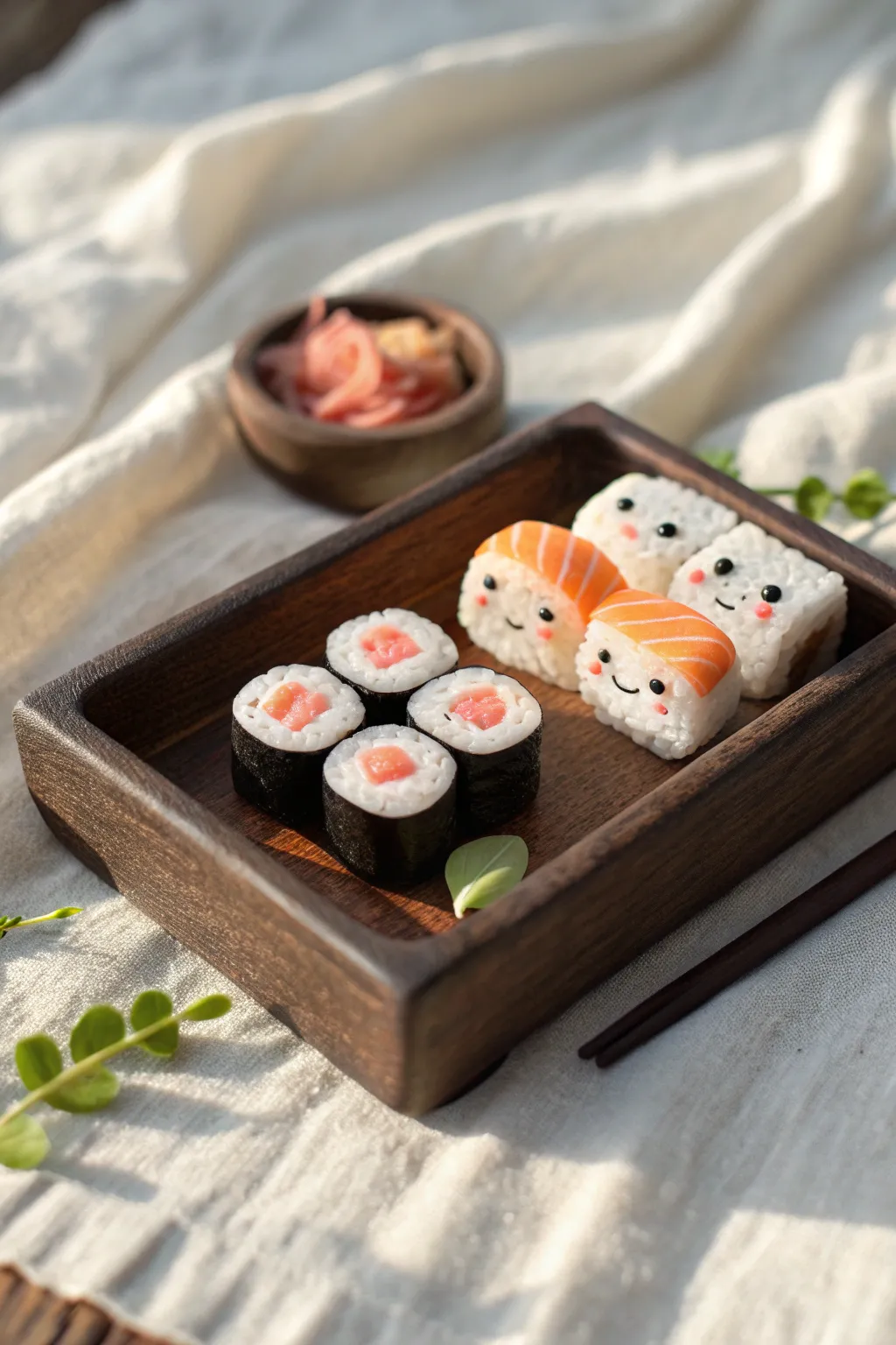 Tiny polymer clay sushi sampler with sweet little faces, styled minimal on a walnut tray