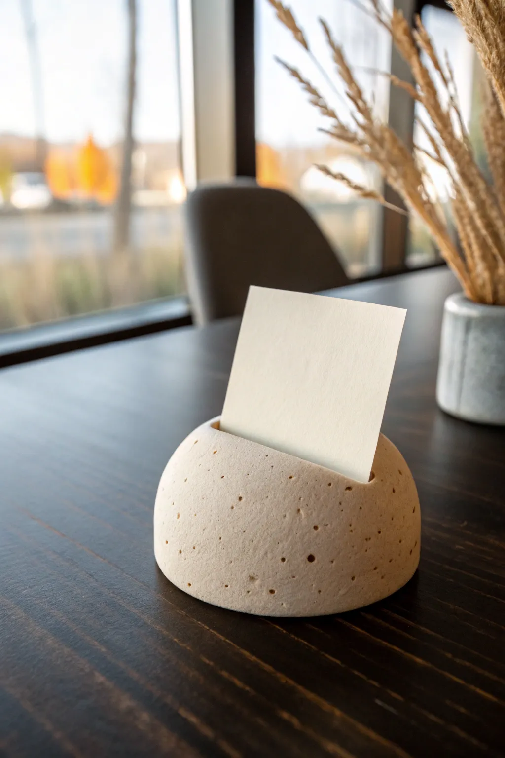 Simple handmade clay photo holder with a crisp slot, styled on a minimal Scandinavian dining table.