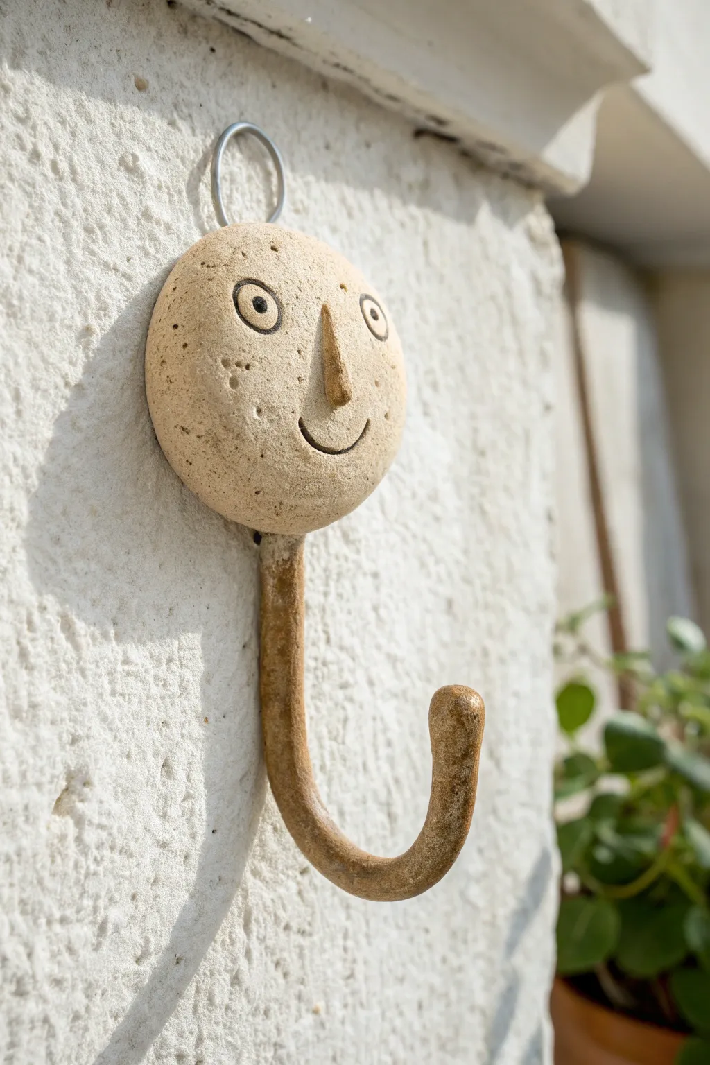 Whimsical face wall hook in warm matte clay, a simple handmade detail for keys and calm entryways