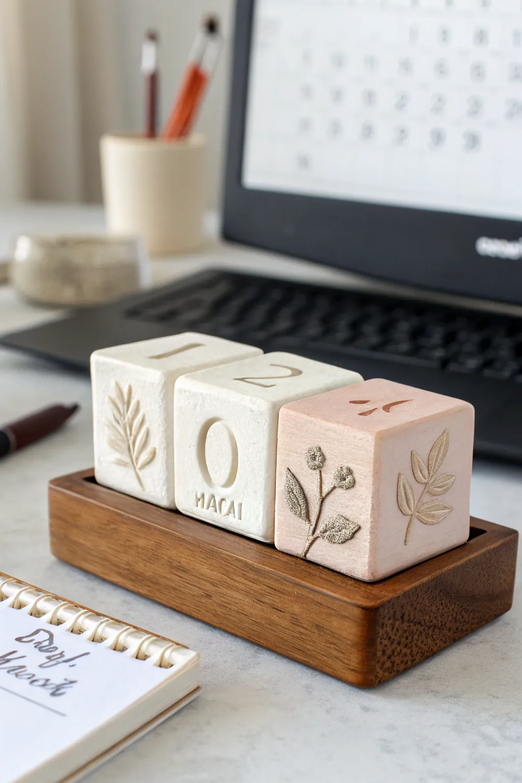 Minimal polymer clay calendar blocks in soft neutrals, a calm handmade accent for your desk