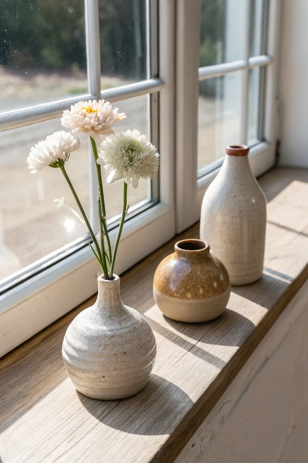Three tiny bud vases with single stems, minimalist Scandinavian styling with soft boho warmth.