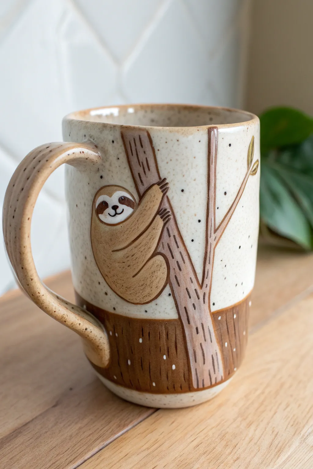 A sweetly dopey sloth hugging the handle turns a simple clay mug into instant cozy humor.