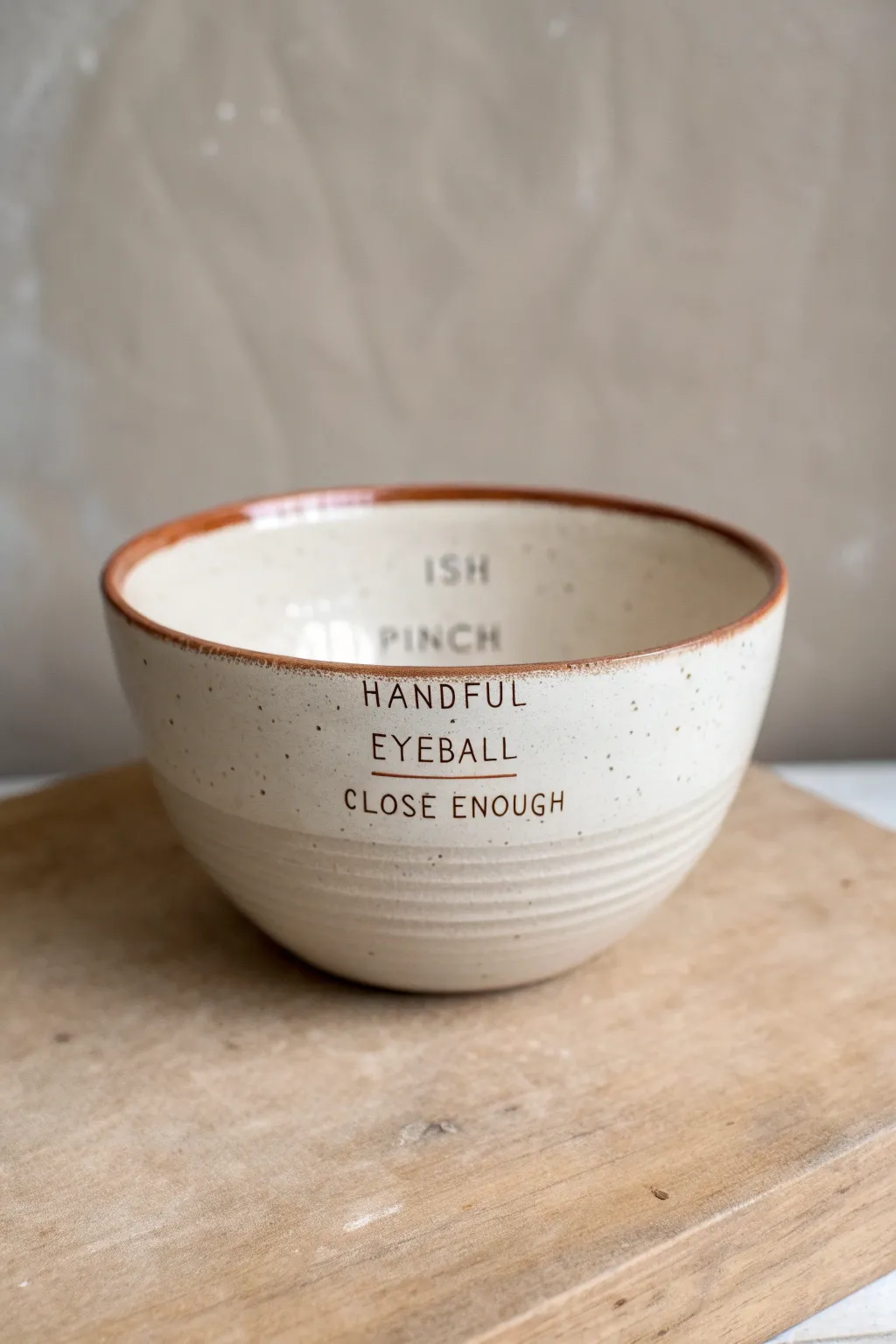 Minimalist mixing bowl with playful close enough measurement marks for every relaxed baker.