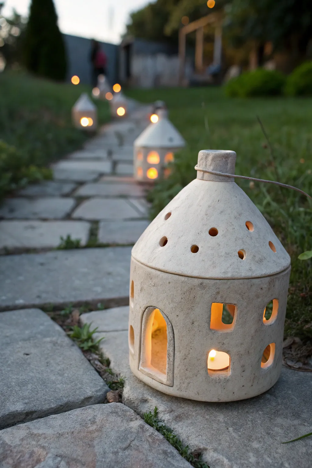 Soft-glowing glazed ceramic luminary lantern to cozy up a garden path at dusk.