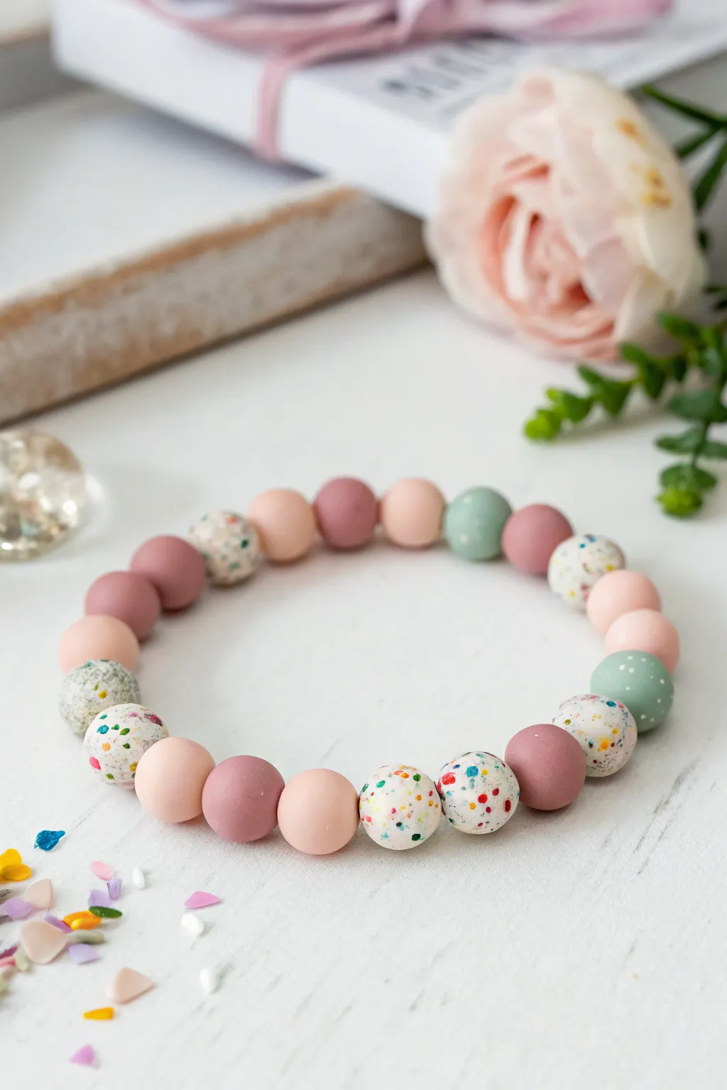 Confetti sprinkle clay bead bracelet in soft pastels, a cute party look with crisp minimalist styling