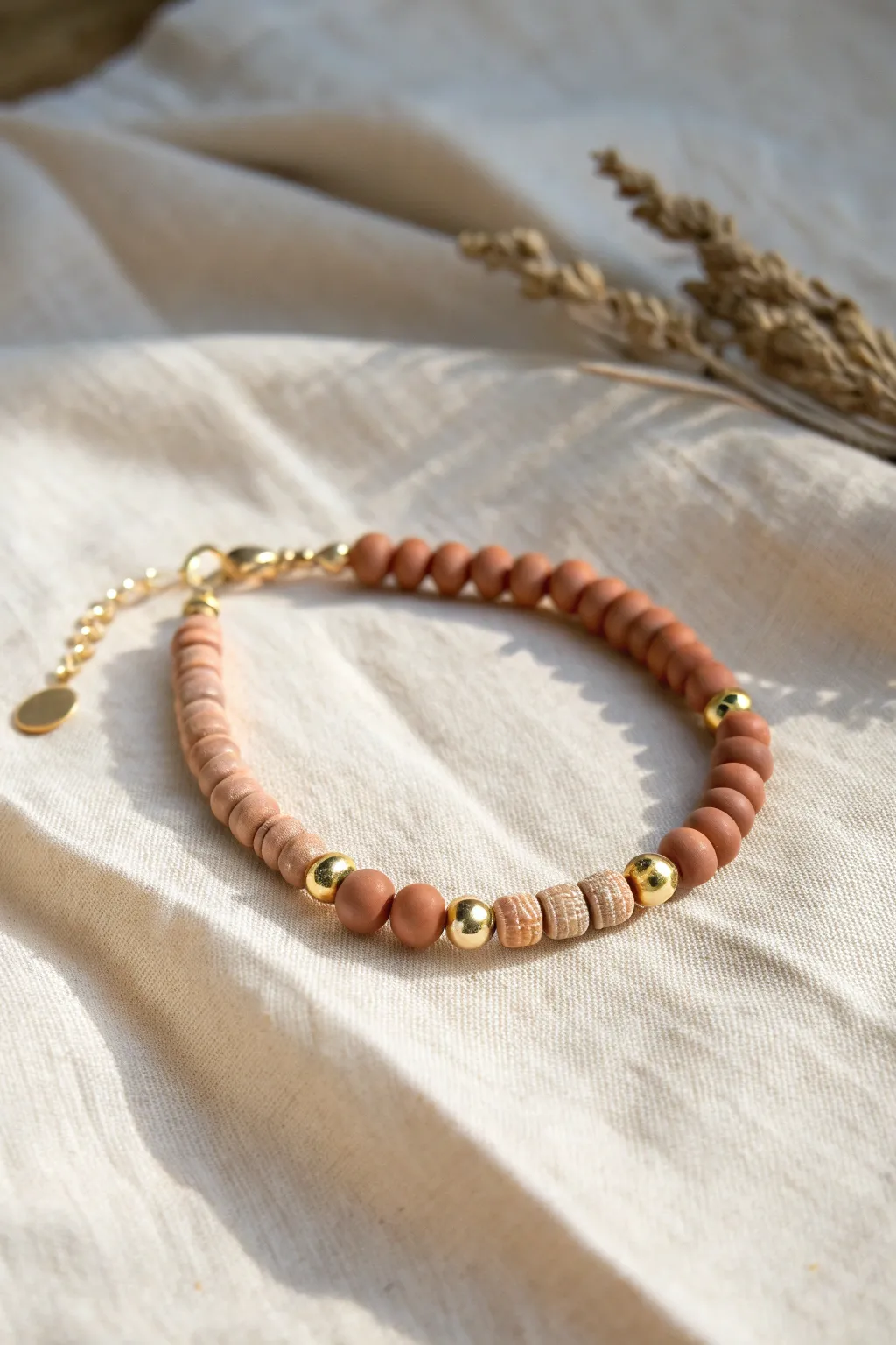 A simple clay disc bead repeat pattern with tiny gold spacers for an easy, elegant bracelet