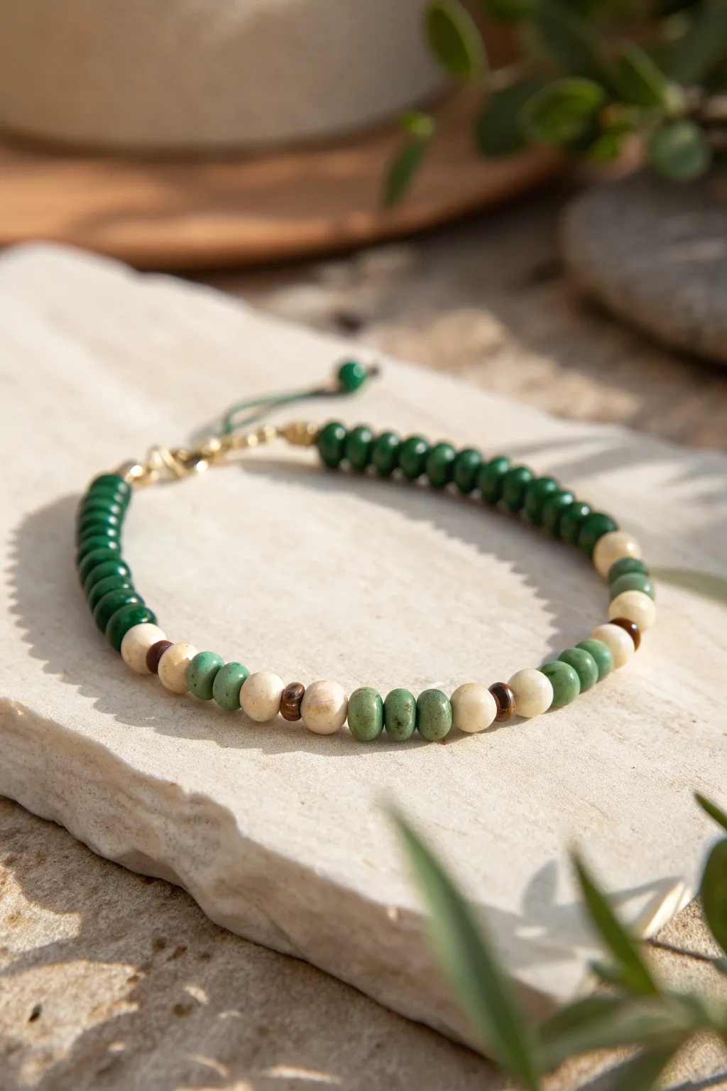 Jade-inspired green and cream clay bead bracelet with minimalist, handcrafted Nordic charm