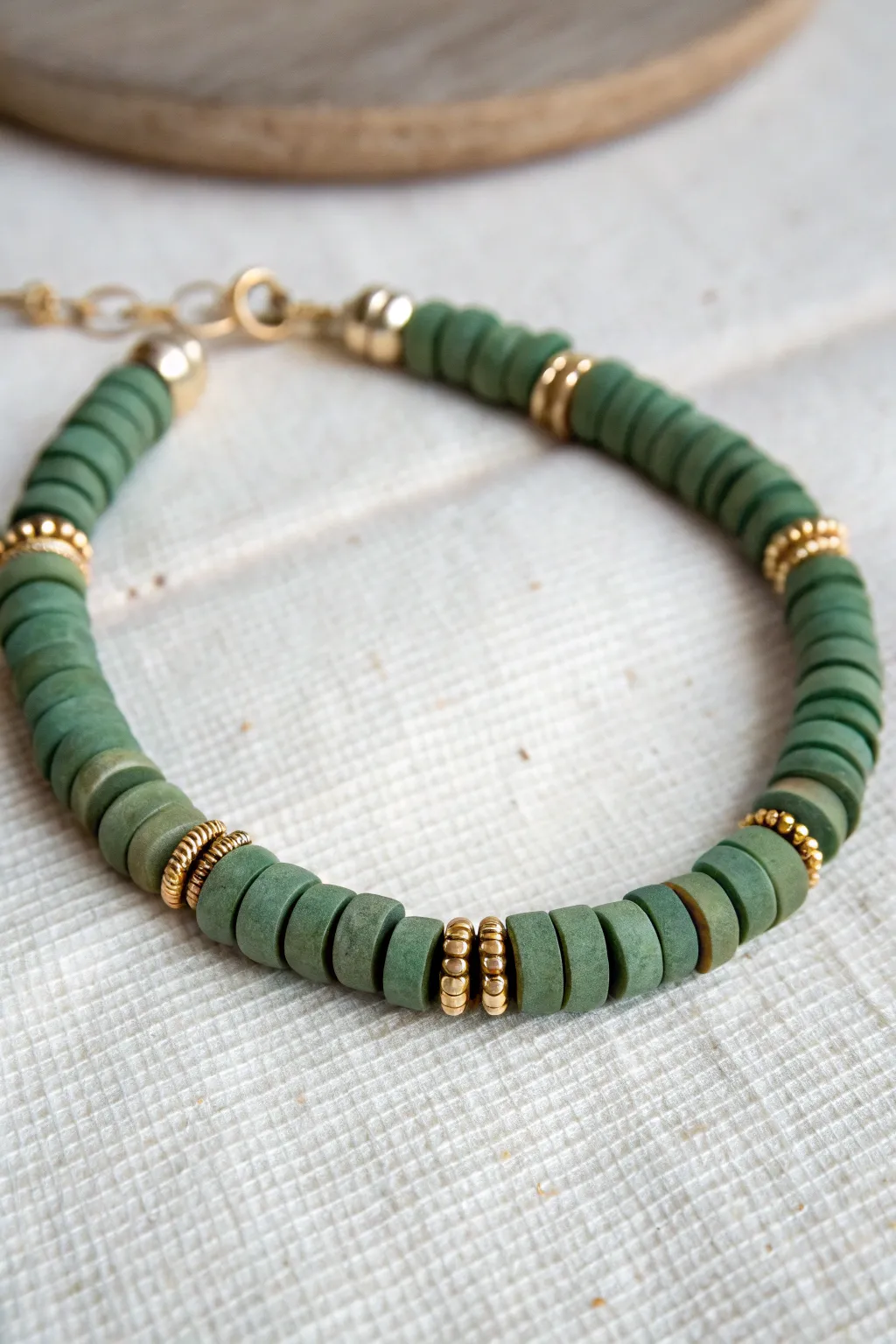 Minimal green clay bracelet framed with tiny beads, a simple boho touch for everyday wear.