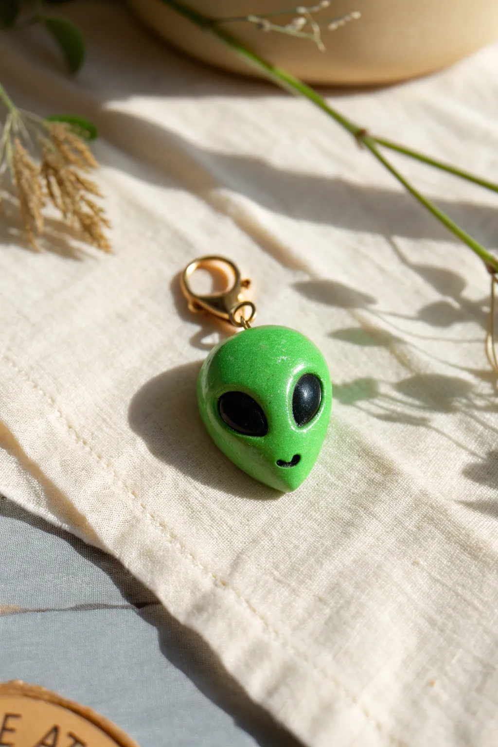Bright green multi-eyed alien charm in polymer clay, minimalist boho style, ready to hang.