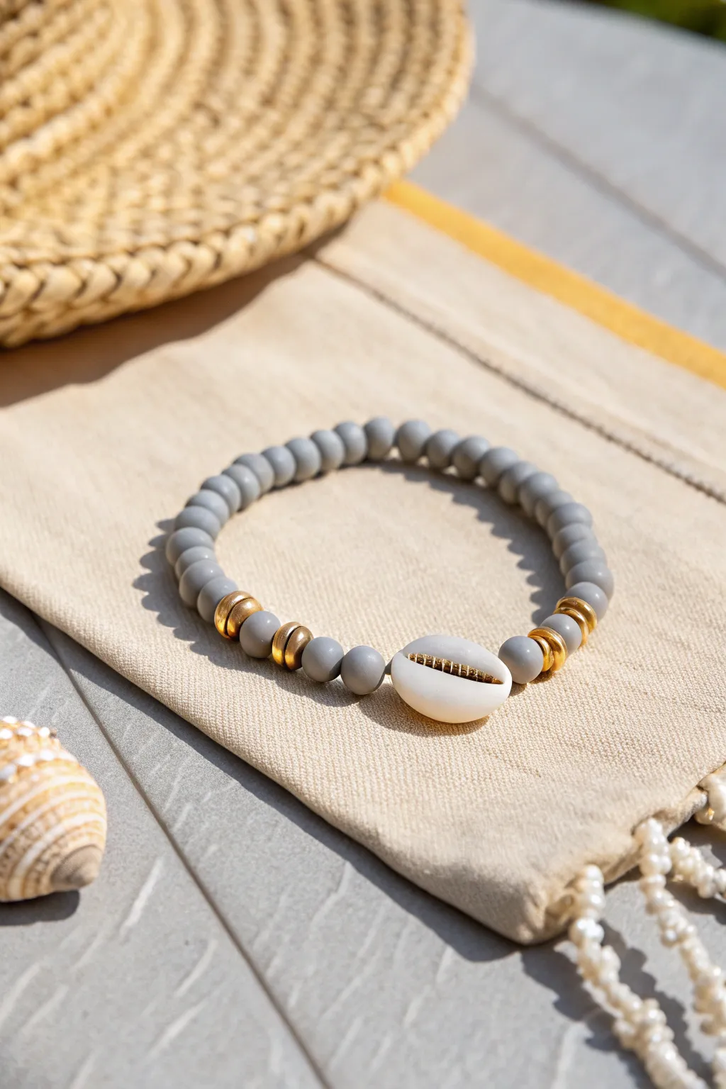 Grey heishi bracelet with cowrie shell focal, warm neutrals and simple beachy boho contrast