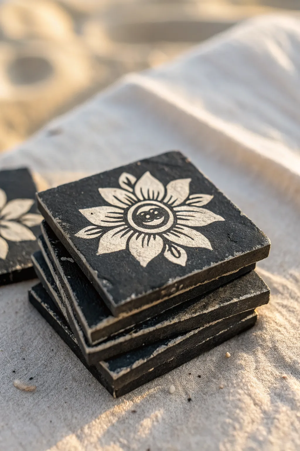 Matte black clay tiles with off-white tattoo flowers, minimal grunge contrast for boho decor.
